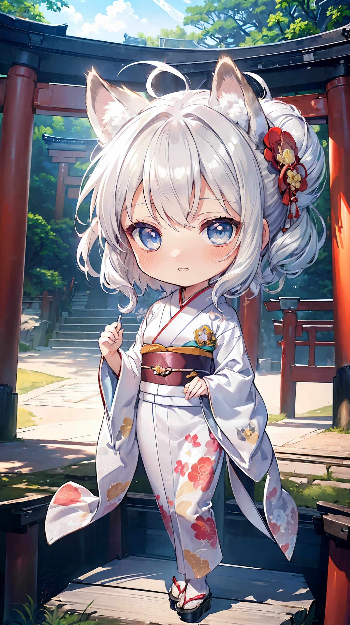 (((Masterpiece))), (((Highest quality))), ((Ultra-detailed)), ((Super fine illustration)), ((Ultra-fine painting)), (16K highest quality wallpaper:1.4), (Chibi:2.0), (Full body:1.6), HDR, (Highly detailed and delicate illustration style:1.8), Detailed skin texture, Detailed cloth texture, Extreme detailed description, (T-masterpiece), (Highly detailed face:1.2), (Highly detailed silver fox ears:1.2), (Highly detailed shiny silver half updo:1.2), (Highly detailed clear eyes:1.2), Original, RAW photo, Professional, Intricate details, Super details, Direct light:1.6, (Perfect anatomy:1.4), (Highly detailed hands:1.2), (Highly detailed fingers:1.2), (Highly detailed fingertips:1.2), (-yeld), R, (Solo:1.8), ((A very beautiful and cute silver fox girl who is an idol and wears a bright red long-sleeved kimono with a floral pattern:1.4)) BRAKE (Beautiful and adorable silver fox ears:1.8), (Highly detailed and delicate silver fox ears:1.4), (Beautiful and shiny silver half updo:1.6), (Highly detailed and delicate silver half updo:1.2), (Beautiful clear blue eyes that shine with great detail:1.6), (Highly detailed and delicate blue eyes:1.2), (Highly detailed face:1.4), (Smile:1.3), (Blush:1.4), (Looking at viewer:1.4), (Celebration:1.4) BRAKE (Bright red long-sleeved kimono with floral pattern:1.4), (Japanese traditional costume:1.2) BRAKE (Concept art:1.2), (Detailed fantasy art:1.2) BRAKE (Just after noon:1.4), (Very detailed and beautiful Ise Grand Shrine in Mie Prefecture just after noon in the background:1.6), (Standing in front of the torii gate:1.4), (Celebration:1.4), Ise Grand Shrine:1.4, Torii gate of Ise Shrine:1.4, Very beautiful in the sunny sky background just after noon:1.4 BRAKE