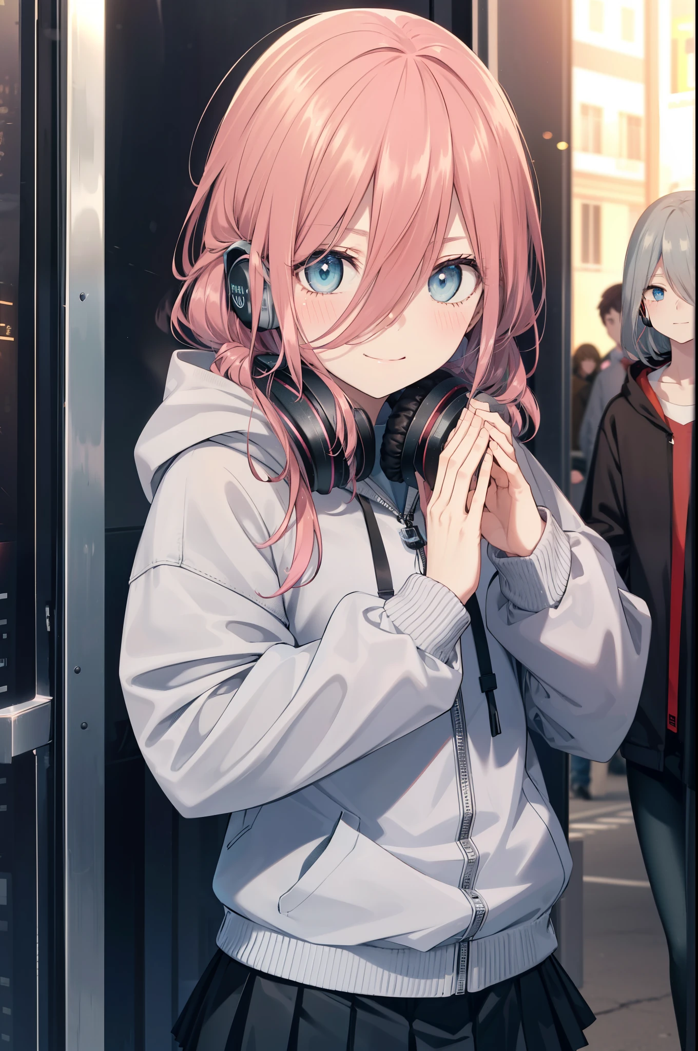miku nakano, Nakano Miku Ticket III, long hair, bangs, blue eyes, brown hair, hair between eyes, blush,smile,headphones, headphones around neck,Blue hoodie,wearing a hood,Green pleated skirt,gray pantyhose,short boots,I put my hands in my hoodie pockets,whole body,
break outdoors, In town,building street,
break looking at viewer, (cowboy shot:1.5), (Upper body:1.5),
break (masterpiece:1.2), highest quality, High resolution, unity 8k wallpaper, (figure:0.8), (detailed and beautiful eyes:1.6), highly detailed face, perfect lighting, Very detailed CG, (perfect hands, perfect anatomy),