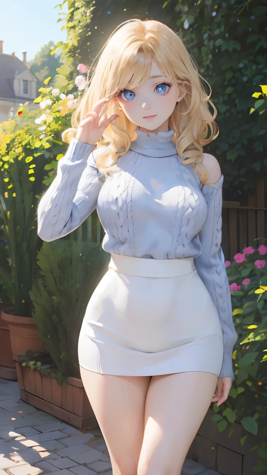 (masterpiece:1.2), (highest quality:1.2),, Curvy but slender body, perfect eyes, perfect face, perfect lighting, 1 girl, in the garden, (sexy pose),(ribbon),(knitted sweater),(full body shot),(mini skirt),(cute gesture),curly hair, fine clothes, detailed outdoor background, compensate, eye shadow, thick eyelashes, fantasy, looking at the viewer, whole body、blue sky、Bright and very beautiful face、young shiny glossy white shiny skin、the best beauty、the most beautiful bright blonde hair in the world、thin hair、long hair、Shining beautiful bangs、big shining blue eyes、Very beautiful and lovely 30 years old, the most beautiful adult in the world、small breasts