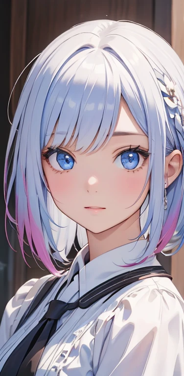 (8K、highest quality、masterpiece:1.2)、Super detailed、super resolution、Realistic、1girl、(two-color hair, white:1.5)、blue eyes、(eye focus:1.3,face focus:1.3,upper body:1.5),(gradient hair:1.5),(blouse:1.3)、(clear face:1.3),cute face,small breasts,portrait,
