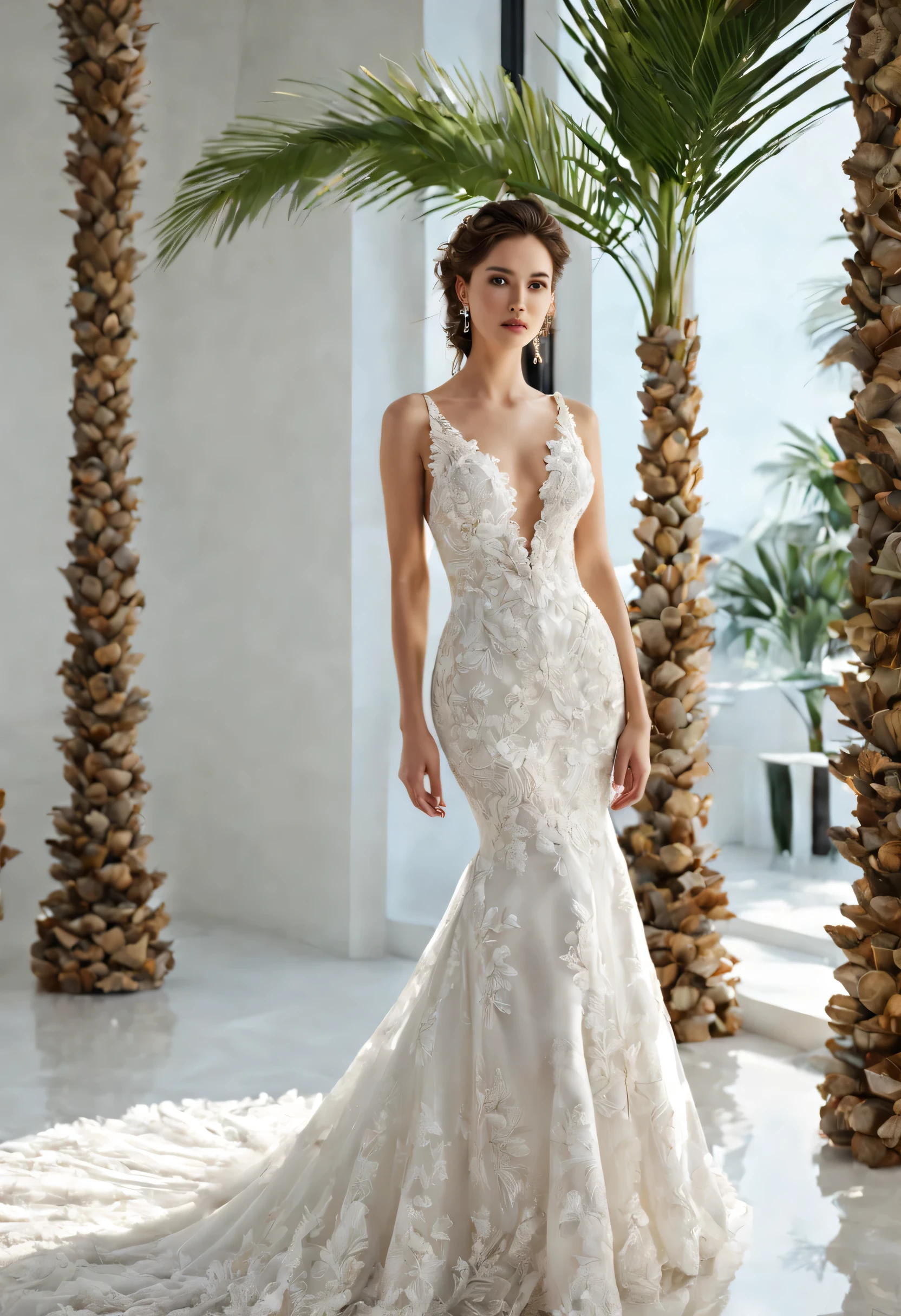 Top quality, Masterpiece, hyper HD, (Photorealistic: 1.4), RAW photo, 1girl,solo,Fashion model,Wearing a white mermaid wedding dress, v-neck dress style, Lace material, long tail, full body, in white room with indoor decorative palm tree,Stand upright and look straight.