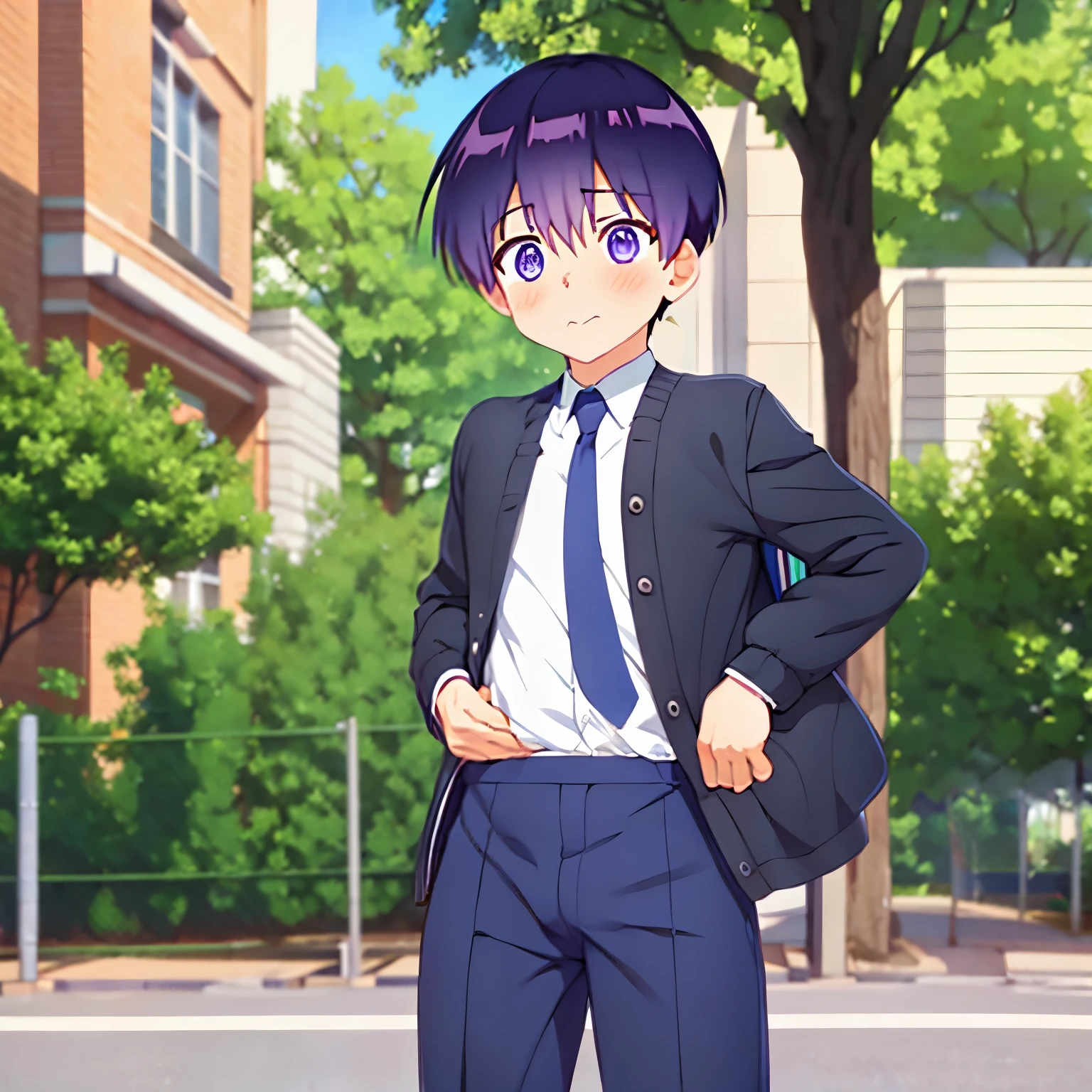 erection under clothes, boy, 1boy, solo, blush, shota, little bulge, school uniform