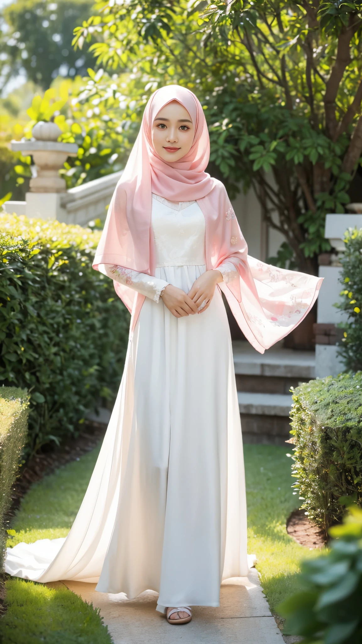 ,RAW, Best quality, high resolution, Masterpiece: 1.3), Beautiful Indonesian man in hijab, Masterpiece, average male body, Beautiful eyes, Soft smile, Indonesian man in hijab a white dress with small floral motifs and a pink shawl, wearing a white hijab, perfect hand, wearing beautiful long clothes, modest clothes, wearing a long flowing cloth, white and pink, white silk clothes, white and light pink clothes, flat breasts, wearing white clothes long skirt, wearing elegant clothes, Indonesian beauty, beautiful Indonesian man, cute Indonesian man, morning time, graceful smile, happy, bright sunlight, flower garden path, blurred background, bokeh, look to viewer, body to viewer, feminine stance, graceful pose, face to viewer, body facing to viewer, full body portrait, wide background