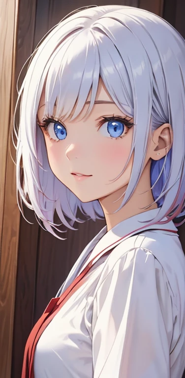 (8K、highest quality、masterpiece:1.2)、Super detailed、super resolution、Realistic、1girl、(two-color hair, white:1.5)、blue eyes、(eye focus:1.3,face focus:1.3,upper body:1.5),(gradient hair:1.5),(blouse:1.3)、(clear face:1.3),cute face,small breasts,portrait,