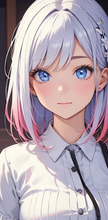 (8K、highest quality、masterpiece:1.2)、Super detailed、super resolution、Realistic、1girl、(two-color hair, white:1.5)、blue eyes、(eye focus:1.3,face focus:1.3,upper body:1.5),(gradient hair:1.5),(blouse:1.3)、(clear face:1.3),cute face,small breasts,portrait,