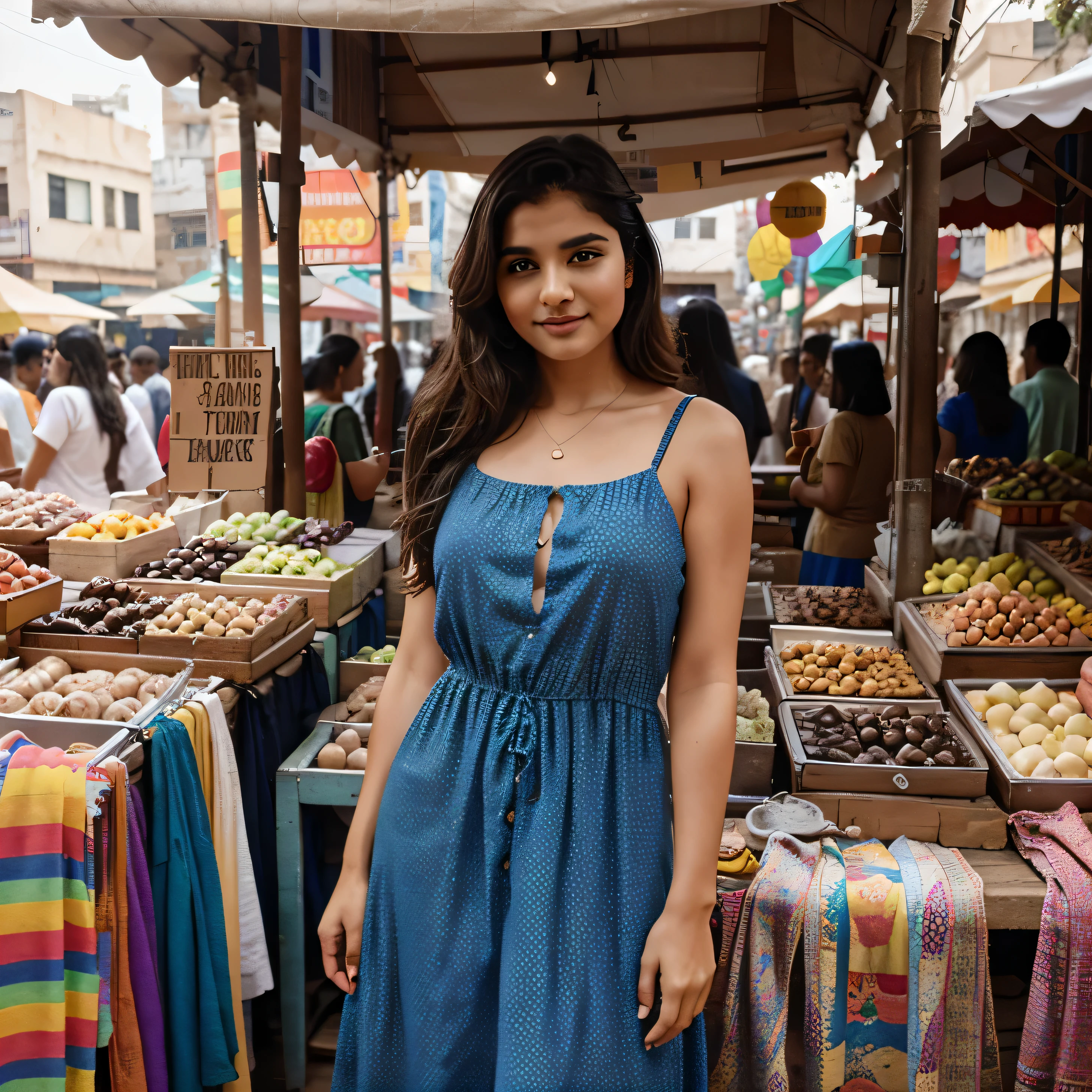 20 yrs old girl and body type is hourglass.**Post Idea:** Caption: "Lost in the colors of Delhi's streets 🌈✨ Exploring the vibrant markets and soaking in the cultural hues. #CityPalette #AvaTravels" **Pose:** Casual yet confident, Ava standing slightly sideways with a genuine smile, perhaps looking over her shoulder at something interesting. **Clothes:** A flowy, colorful midi dress that complements the lively atmosphere of the surroundings. **Background:** Choose a bustling market or a street filled with traditional Indian textiles and crafts, providing a lively and culturally rich backdrop for the close-up shot.