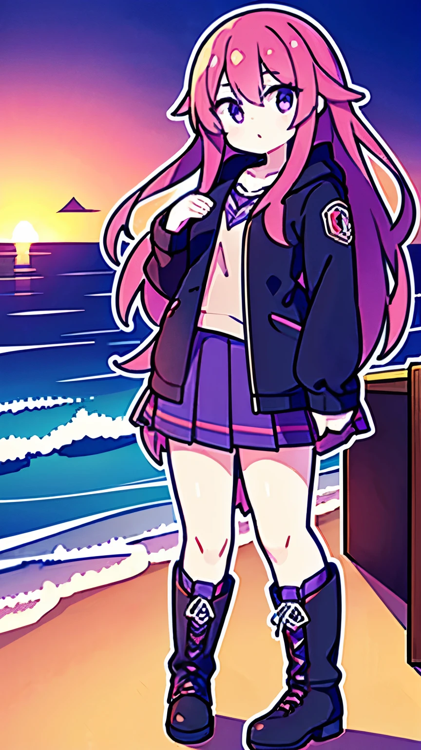 beach，seaside，Sunset，long purple hair，purple eyes，Black sweatshirt，black pleated skirt，black martin boots，8k resolution