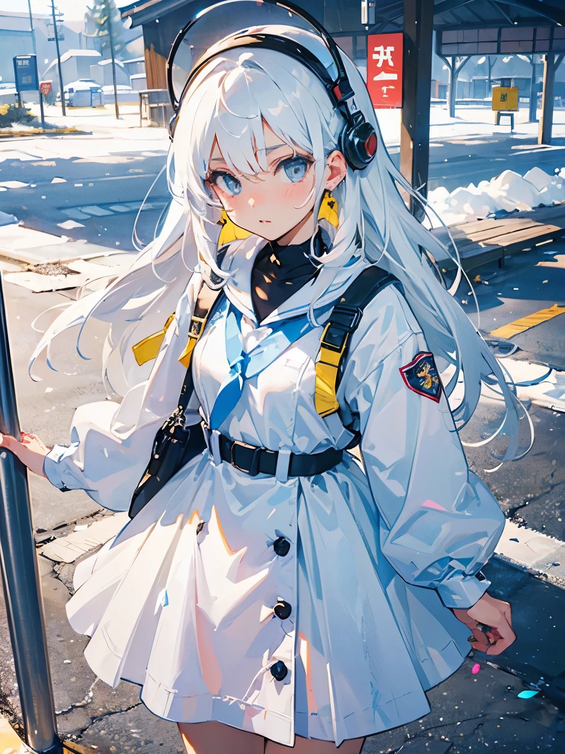Yellow-white hair covered her long face like a helmet.，make a long face look smaller，Nice white clothes，Enhances various shades of yellow，Delicate makeup is applied，shining face，Makes you feel like a kind girl