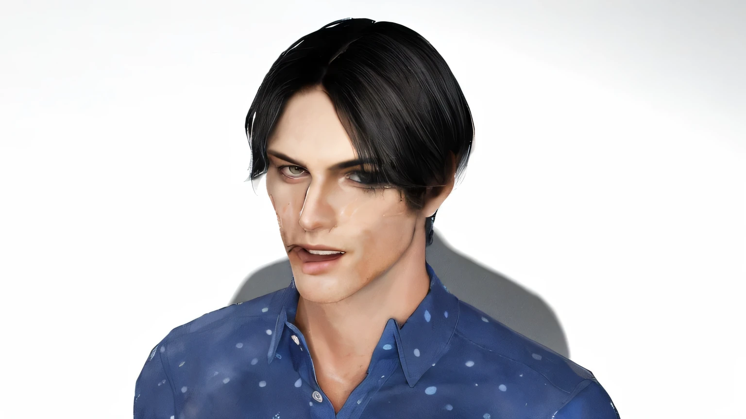 One is wearing a blue shirt、dark haired man, Handsome and stunning reality, Very rich facial details, Realistic face and body hybrids, surreal face, Real faces, human face realistic, realistic person脸, realistic person, Realistic and detailed faces, The face is very real, male vampire, highly Detailed and realistic faces, Detailed and realistic faces, handsome male vampire, Detail of long black hair