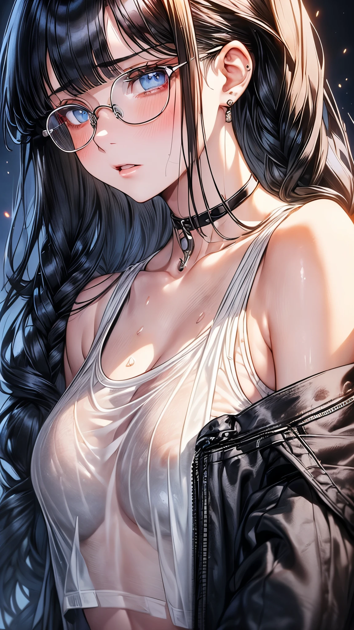 1 female,black hair, ,((impatient look)),beautiful breasts,thin white tank top,good style,,(facing the front)(((cheeks turn red、surprised expression)),(),((( upper body portrait)))frameless glasses,blue eyes,(((The bangs are even)))((See-through))sexy bra(wet state)