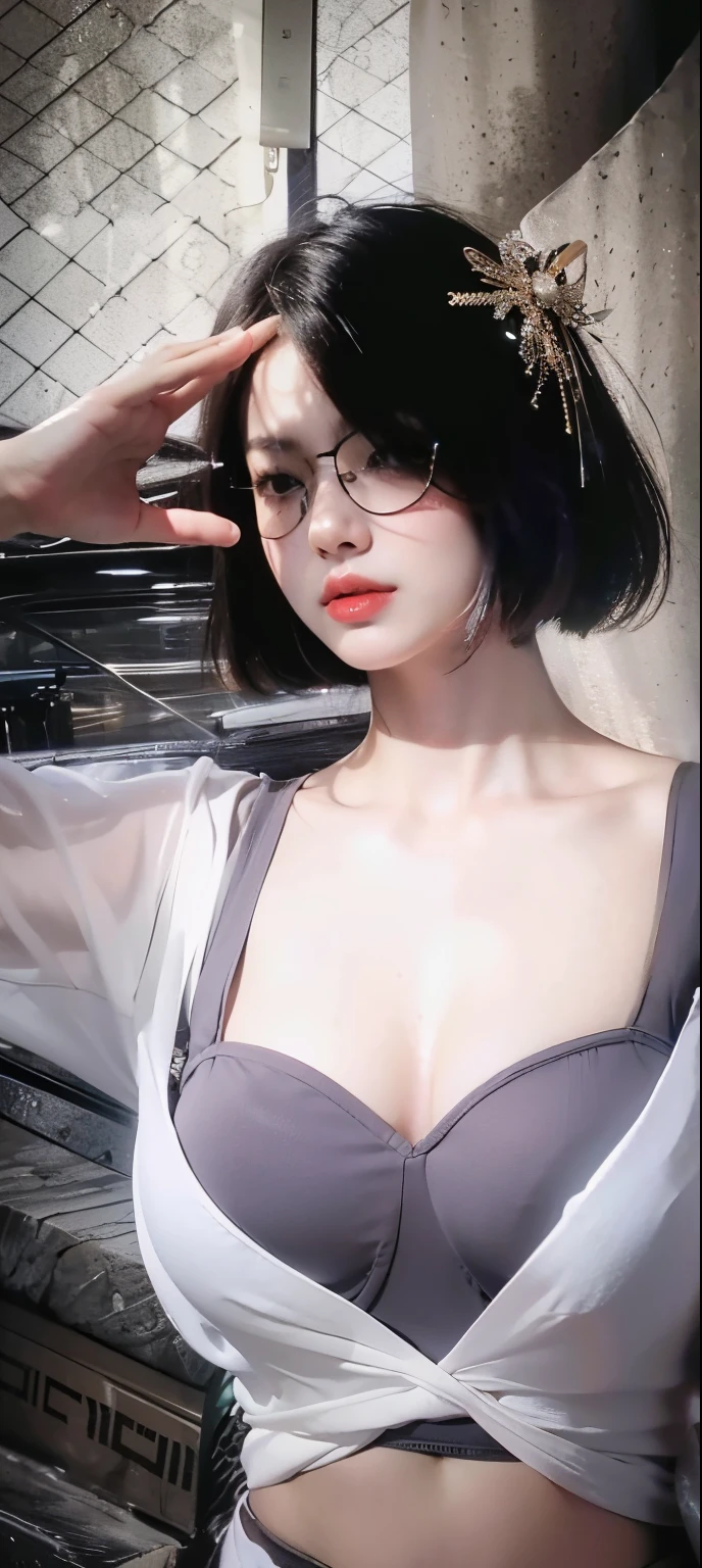 ((Best Quality, 8K, Masterpiece:1.3)), Focus: 1.2, Perfect Body Beauty: 1.4, ((Layered Haircut, Breasts: 1.2)), (Wet Clothes: 1.1) , Bandeau Dress: 1.1, Highly Detailed Face and Skin Texture, Delicate Eyes, Double Eyelids，flesh-colored tights，Gorgeous light purple hair，huge size eyes，Fine-rimmed glasses，white under lingerie