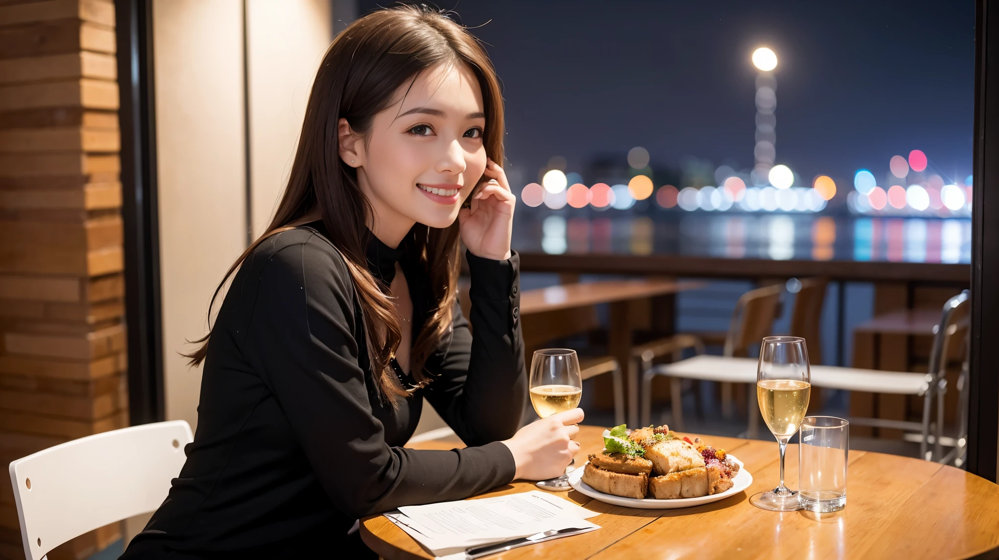 64k, Hmm, highest quality, masterpiece: 1.2), (realistic, photorealistic: 1.37), Spectacular sunset view、slimな美女3名, (slimフェイス),Happy、 最高なsmile、Fox face、Berry Short、(because I'thin), (brown hair), (shortcut), long sleeve shirt、winter fashion、Colombian、Brazilian、Japanese、Dutch、German、Portuguese、Belgian、Italian、French,Champagne、sparkling wine、 (gush), (slimボティ), (brown hair), (shortcut), neat beauty、cheeks turn a little red, (35 years old), 38 years old, alone, A beautiful and detailed night view spreads out outside the window..., restaurant, wine glassが座っている, At night, in a prominent place (from the Upper body) nova frog style, actress, model, Upper body, White wine, slim, wine glass, very beautiful night view, wine glass Put in the Middle, Happy smile, (smile: 1.15),
