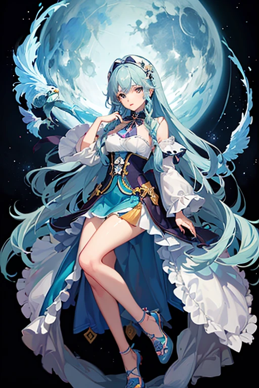 ((highest quality)), ((masterpiece)), (be familiar with), perfect face, one girl、15 years old、big breasts、small face、long hair、silky hair、foreign style braids、pastel blue hair、Full body figure、Work clothes、shoes、