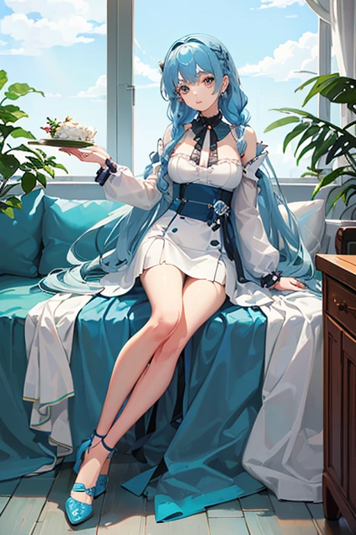 ((highest quality)), ((masterpiece)), (be familiar with), perfect face, one girl、、big breasts、small face、long hair、silky hair、foreign style braids、pastel blue hair、Full body figure、Work clothes、shoes、