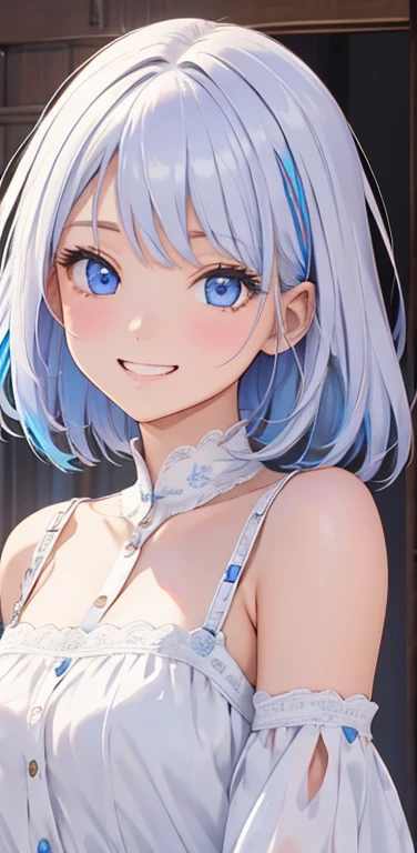 (8K、highest quality、masterpiece:1.2)、Super detailed、super resolution、Realistic、1girl、(two-color hair, white:1.5)、blue eyes、(eye focus:1.3,face focus:1.3,upper body:1.5),(gradient hair:1.5),(blouse:1.3)、(grin:1.3),cute face,small breasts,portrait,
