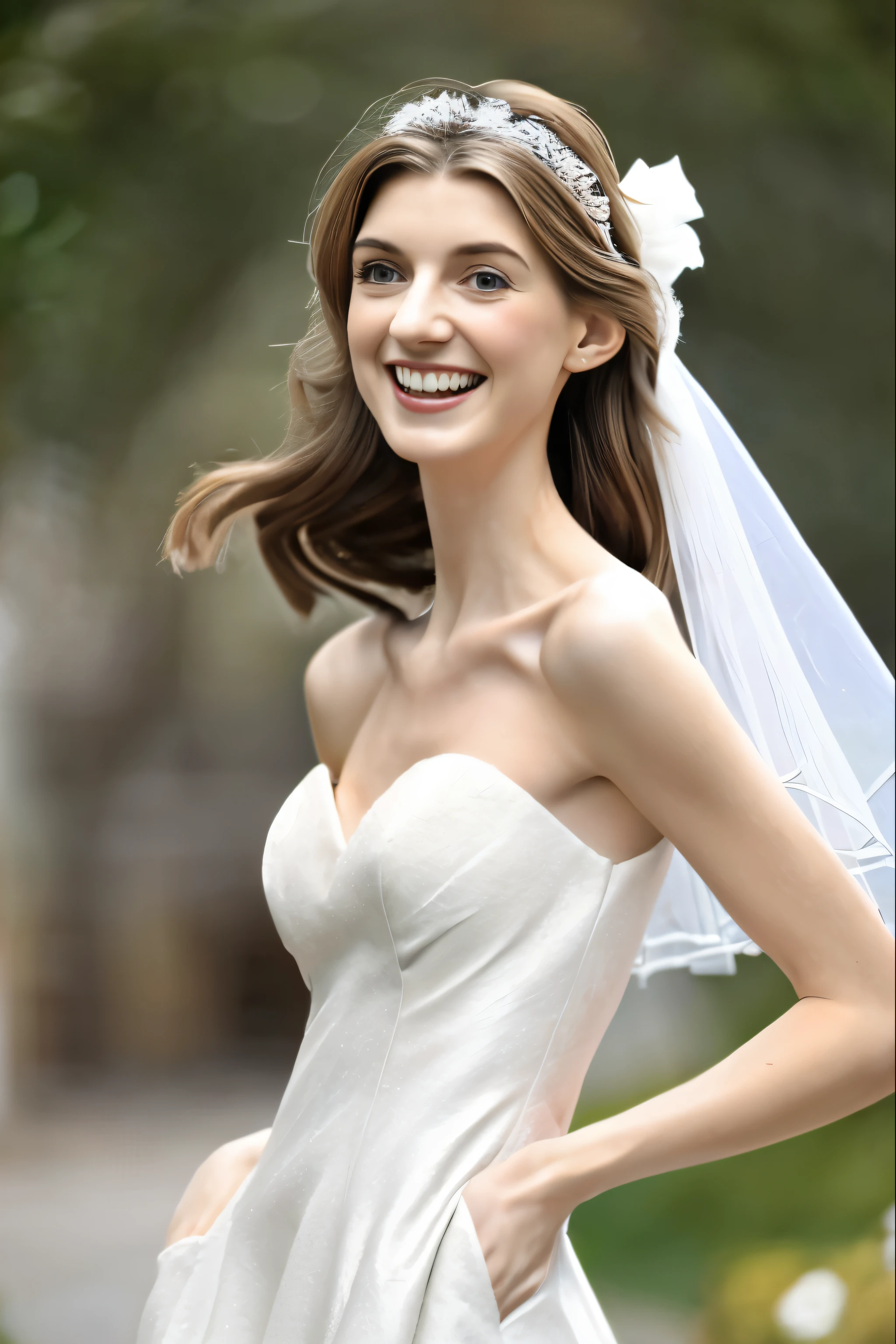 A slender thin female woman with brown hair, green eyes, skinny legs and bony shoulders. She is wearing a sexy wedding dress. She has a small grey tabby cat. She has pale skin. She has a European nose. Her mouth is open, smiling, happy. White teeth, red lips.
