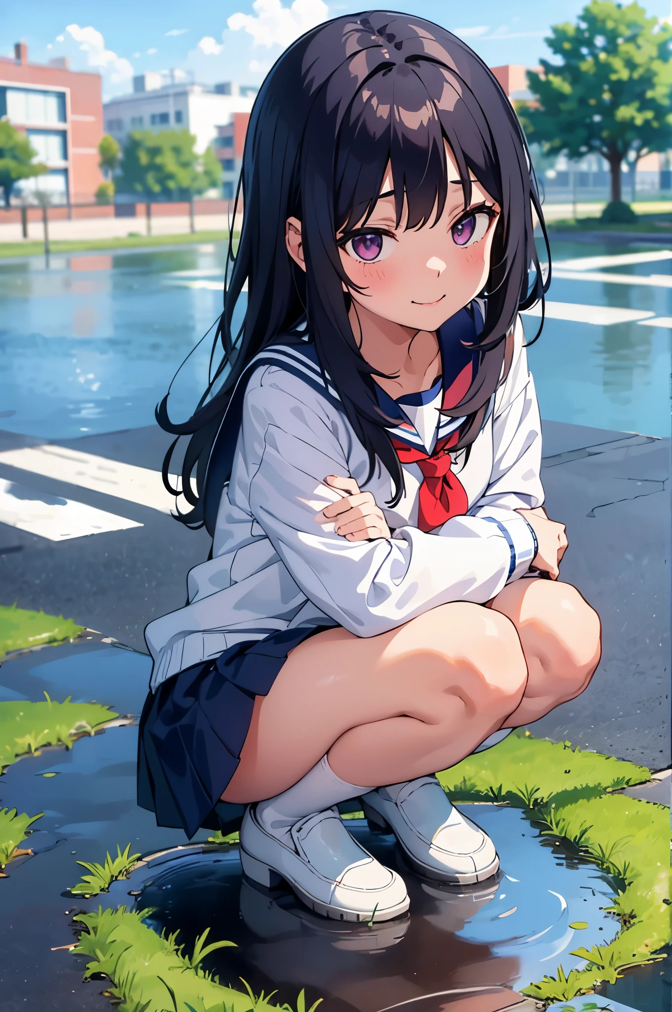 Park after rain　large puddles　elementary school girl　8-year-old　flat chest　black hair　long hair　eyes are purple　smile　（（1 person））　Cardigan on top of white long-sleeved sailor uniform　Lower body navy blue miniskirt　white panties　white socks　sports boots　squatting in front of a puddle（（white pantiesが見える））　from the front　dynamic angle　upper body center