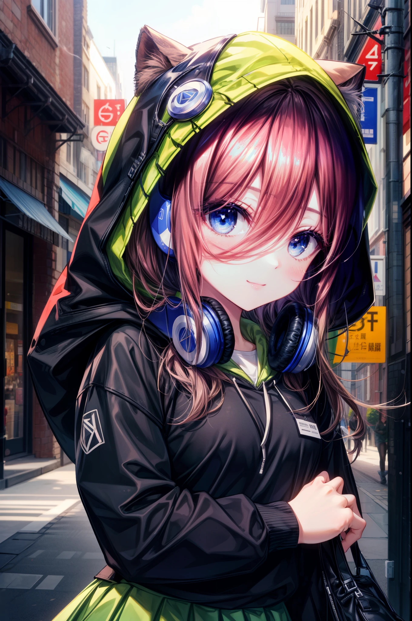 miku nakano, Nakano Miku Ticket III, long hair, bangs, blue eyes, brown hair, hair between eyes, blush,smile,headphones around neck,Blue hoodie,wearing a hood,Green pleated skirt,gray pantyhose,short boots,I put my hands in my hoodie pockets,whole body,
break outdoors, In town,building street,
break looking at viewer, (cowboy shot:1.5), (Upper body:1.5),
break (masterpiece:1.2), highest quality, High resolution, unity 8k wallpaper, (figure:0.8), (detailed and beautiful eyes:1.6), highly detailed face, perfect lighting, Very detailed CG, (perfect hands, perfect anatomy),