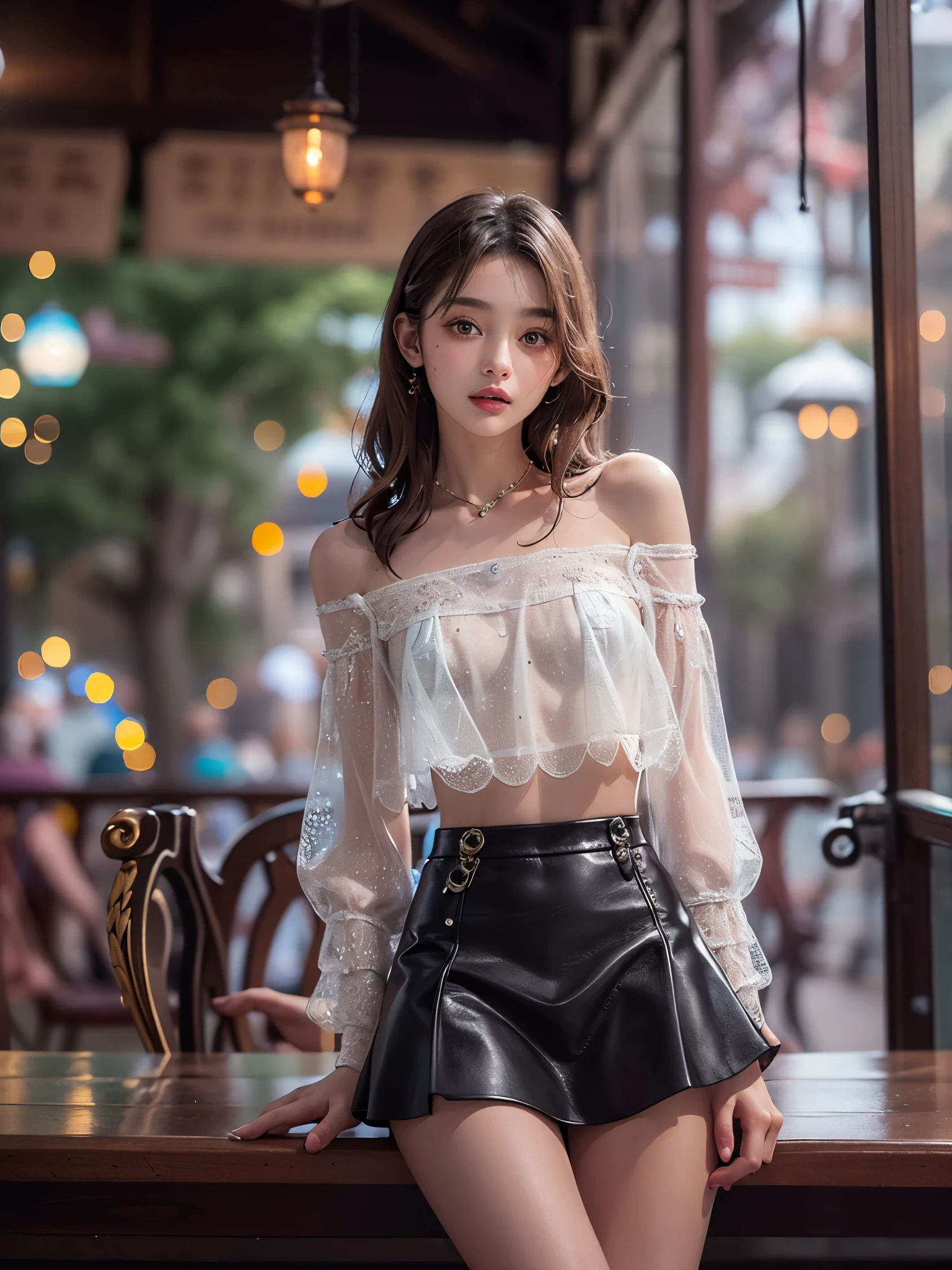8k, RAW photo, top quality, masterpiece, realistic, photorealistic, clear, professional lighting, beautiful face, top quality, super high resolution.
         BREAK (whole body:1.5), (18 year old very beautiful Japanese girl:1.3)
  NSFW,

  Slender, very flat chested, very small breasts


  (The supermodel smiles confidently and strikes different poses in the photo shoot,:1.4)

  (A very stylish cafe terrace that is magically lit up at night:1.3)


(Multi-layer bell sleeve crop top with scalloped trim, :1.4), ((off-shoulder, bare belly):1.3), (Crochet lace embellishment.:1.2)(Multi-layer asymmetric low-leg flared leather skirt, :1.3)