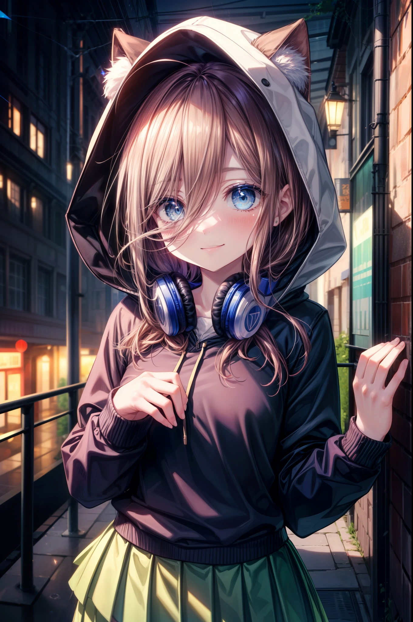 miku nakano, Nakano Miku Ticket III, long hair, bangs, blue eyes, brown hair, hair between eyes, blush,smile,headphones around neck,Blue hoodie,wearing a hood,Green pleated skirt,gray pantyhose,short boots,I put my hands in my hoodie pockets,whole body,
break outdoors, In town,building street,
break looking at viewer, (cowboy shot:1.5), (Upper body:1.5),
break (masterpiece:1.2), highest quality, High resolution, unity 8k wallpaper, (figure:0.8), (detailed and beautiful eyes:1.6), highly detailed face, perfect lighting, Very detailed CG, (perfect hands, perfect anatomy),