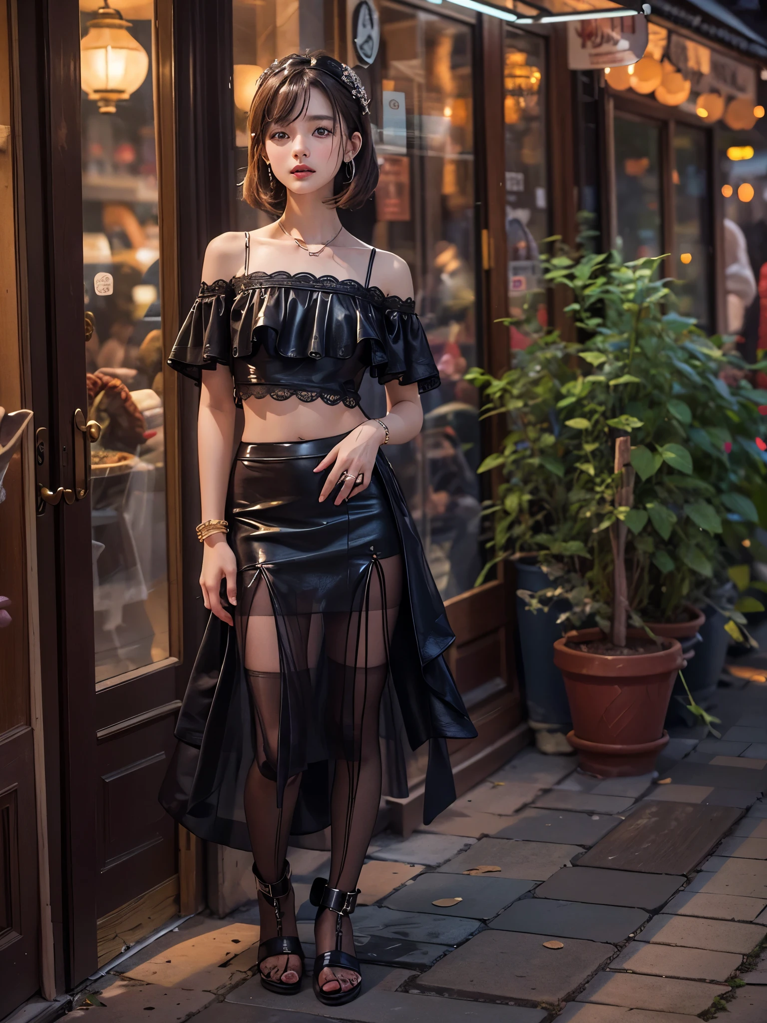 8k, RAW photo, top quality, masterpiece, realistic, photorealistic, clear, professional lighting, beautiful face, top quality, super high resolution.
BREAK (whole body:1.5), (18 year old very beautiful Japanese girl:1.3)
NSFW,
Slender, very flat chested, very small breasts
(The supermodel smiles confidently and strikes different poses in the photo shoot,:1.4)
(A very stylish cafe terrace that is magically lit up at night:1.3)
(Multi-layer bell sleeve crop top with scalloped trim, :1.4), ((off-shoulder, bare belly):1.3), (Crochet lace embellishment.:1.2)(Multi-layer asymmetric low-leg flared leather skirt, :1.3)