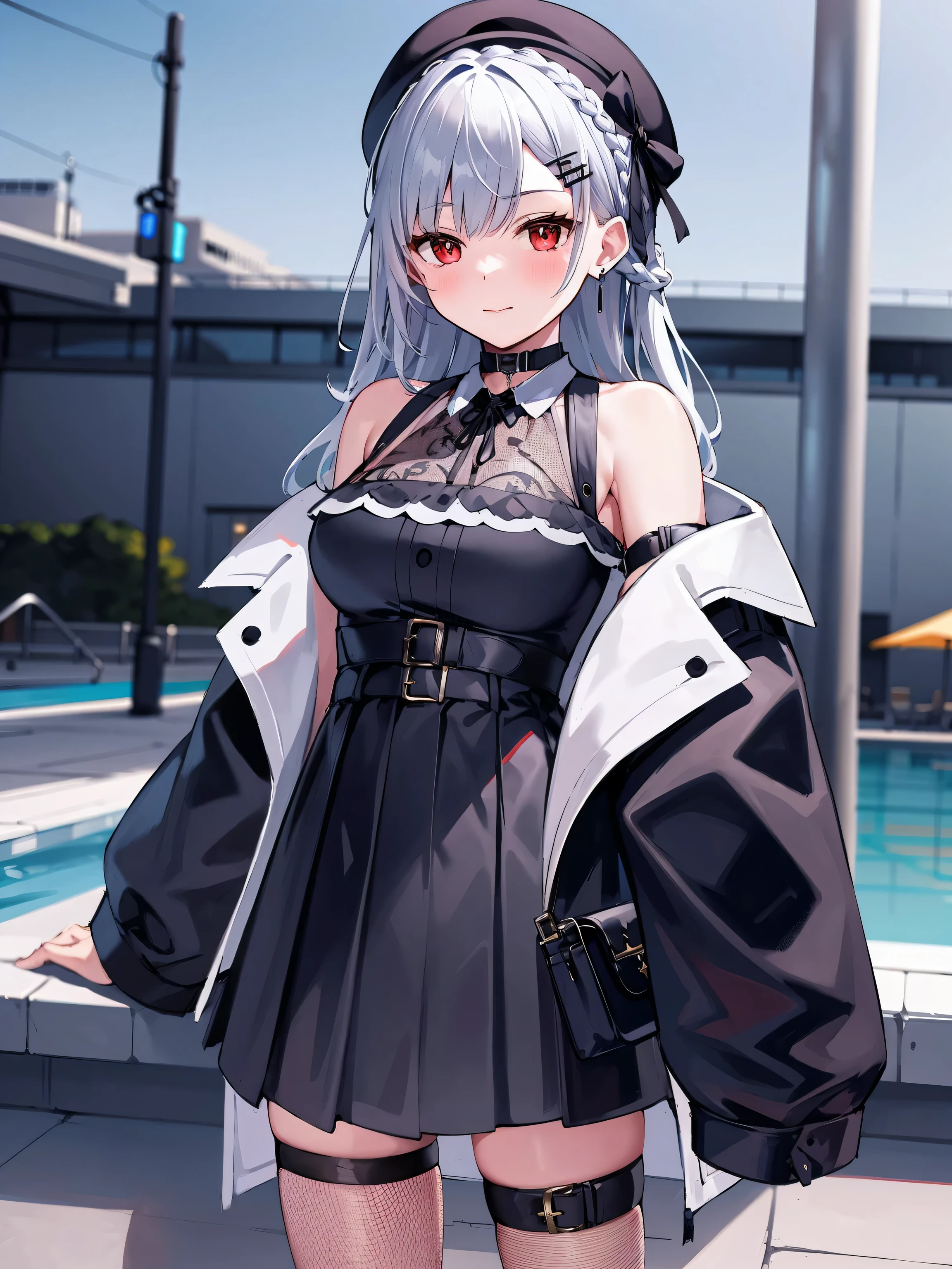 masterpiece, highest quality, ultra high resolution, 8k wallpaper!, (thin line drawing, thin line drawing), alone, 1 girl, red eyes, Shining eyes!, gray hair, beret, Braid, hair clip, big breasts, black choker, gray shirt, sleeveless shirt, white jacket, open jacket, long sleeve, black skirt, fishnet, thigh strap, single thigh high, outdoors, Poolside, cowboy shot, Are standing, (From above:0.7), shy,