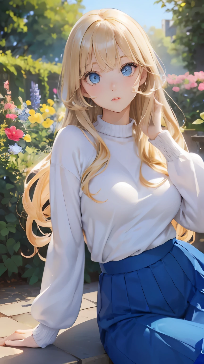 (masterpiece:1.2), (highest quality:1.2),, Curvy but slender body, perfect eyes, perfect face, perfect lighting, 1 girl, in the garden, （scholar），（ribbon），（knitted sweater），（full body shot），（long skirt），（cute gesture），curly hair, fine clothes, detailed outdoor background, compensate, eye shadow, thick eyelashes, fantasy, looking at the viewer, whole body、blue sky、Bright and very beautiful face、young shiny glossy white shiny skin、the best beauty、the most beautiful bright blonde hair in the world、thin hair、long hair、Shining beautiful bangs、big shining blue eyes、Very beautiful lovely 19 year old most beautiful woman in the world、small breasts