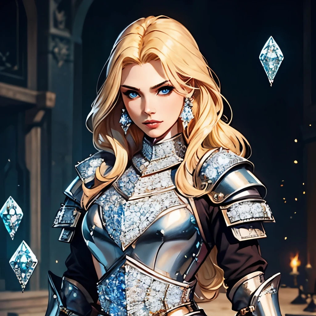 Medieval fantasy setting, masterpiece, extremely beautiful young twenty years blonde Sweden woman, sexy armour ((made exclusively full of diamonds:1.7)), ((diamond armour)), confident, powerful, strong, fit, long wavy blond hair, warrior, luxury, beauty