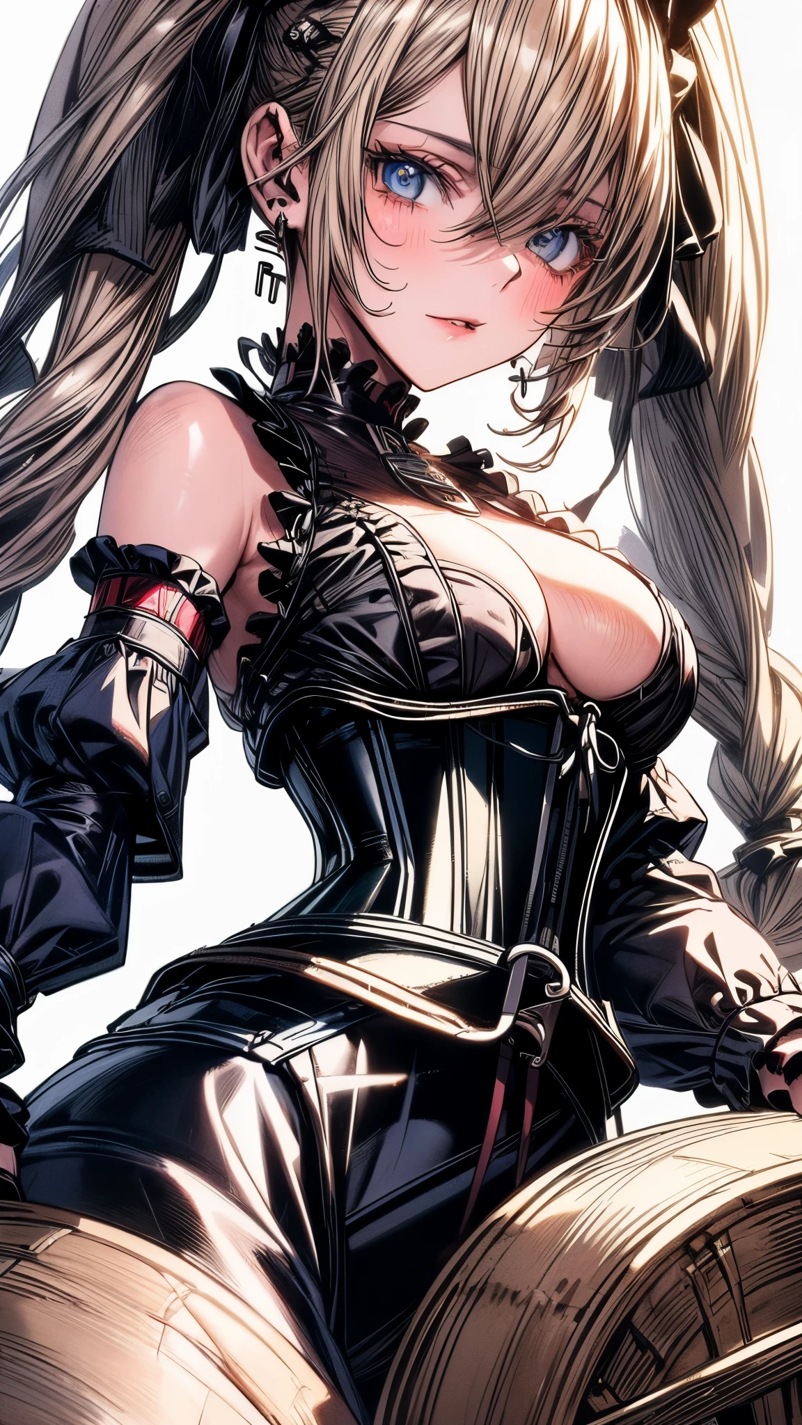 (((masterpiece)))、((highest quality))、(super detailed)、(CG illustration)、(so beautiful ))、cinematic light、(((1 Mechanical Girl)))、 SF、Apocalypse、erotic grotesque、(beautiful and luxurious:1.2)、(1 girl:1.3)、facing the front, (double breasted,under bust:1.2), button gap,(((corset belt))),(((high waist mile
