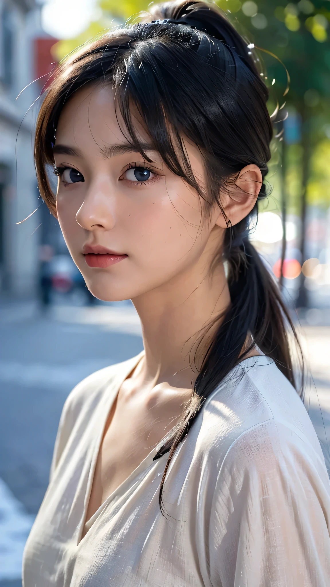 One woman,fully body photo,masutepiece, The highest image quality, High quality, the background is clear,Beautiful woman, Japanese, Detailed, Detailed eyes, Detailed skin, Beautiful skin, 超hight resolution, (reality: 1.4),Very beautiful woman, Slightly younger face, Beautiful skin, slender, (Ultra photo realsisim), (hight resolution), (8K), (Very detailed) (beautifully detailed eyes), (super detailed), (Detailed face), view the viewer, Fine details, Detailed face, Staring straight ahead, Staring straight ahead, photos realistic, Bright lighting, Professional Lighting, Black hair,poneyTail,a baby face,sixteen years old,髪型はponeyTail,ロングのponeyTailの髪型,slight smile,neat and tidy clothing,European Streets