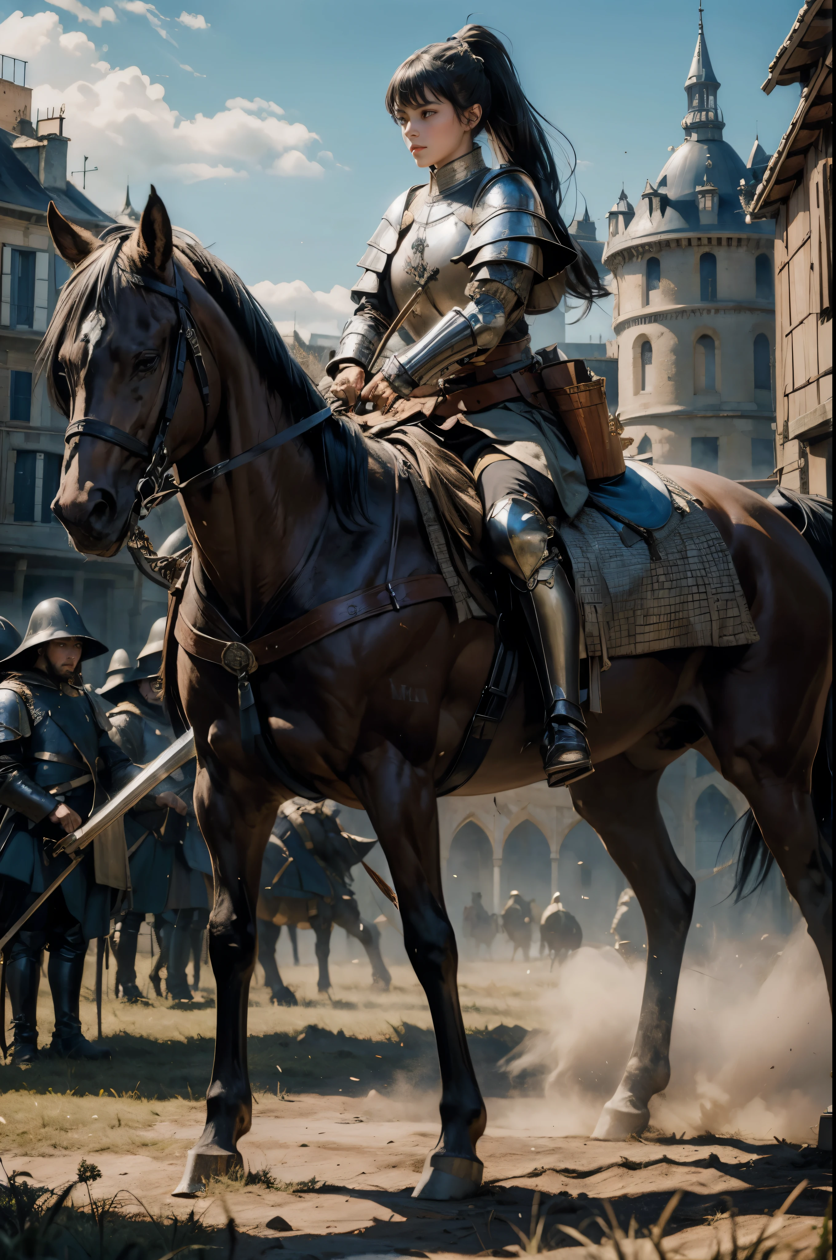 ((Wide angle view of the Hundred Years' War in France)), beautiful young woman, black hair in a ponytail, smooth, wear glasses, สวมชุดเกราะของ Jeanne d'Arc