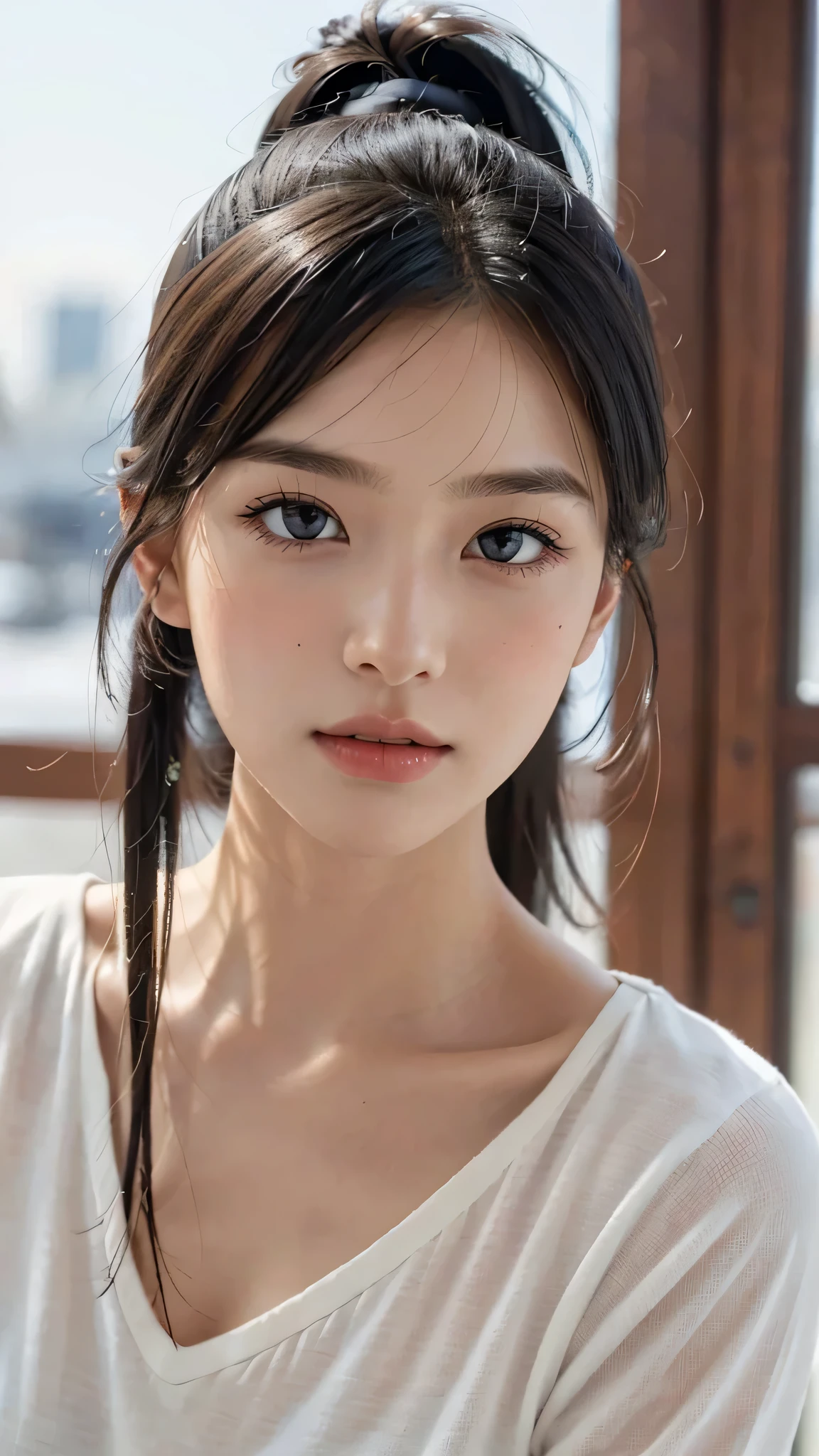One woman,fully body photo,masutepiece, The highest image quality, High quality, the background is clear,Beautiful woman, Japanese, Detailed, Detailed eyes, Detailed skin, Beautiful skin, 超hight resolution, (reality: 1.4),Very beautiful woman, Slightly younger face, Beautiful skin, slender, (Ultra photo realsisim), (hight resolution), (8K), (Very detailed) (beautifully detailed eyes), (super detailed), (Detailed face), view the viewer, Fine details, Detailed face, Staring straight ahead, Staring straight ahead, photos realistic, Bright lighting, Professional Lighting, Black hair,poneyTail,a ,sixteen ye is ponytail,long ponytail hairstyle,slight smile,neat and tidy clothing,European Streets,winter Clothing,snowing,