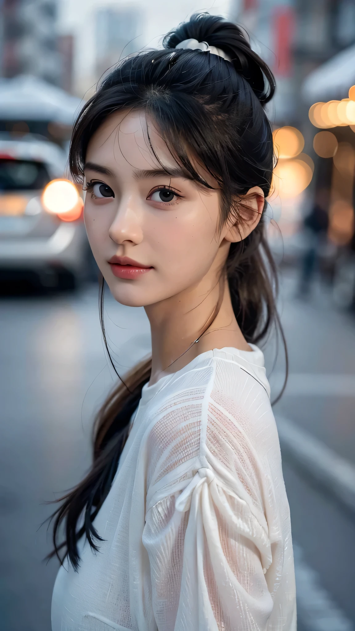 One woman,fully body photo,masutepiece, The highest image quality, High quality, the background is clear,Beautiful woman, Japanese, Detailed, Detailed eyes, Detailed skin, Beautiful skin, 超hight resolution, (reality: 1.4),Very beautiful woman, Slightly younger face, Beautiful skin, slender, (Ultra photo realsisim), (hight resolution), (8K), (Very detailed) (beautifully detailed eyes), (super detailed), (Detailed face), view the viewer, Fine details, Detailed face, Staring straight ahead, Staring straight ahead, photos realistic, Bright lighting, Professional Lighting, Black hair,poneyTail,a baby face,sixteen years old,Hairstyle is ponytail,long ponytail hairstyle,slight smile,neat and tidy clothing,European Streets,winter Clothing,snowing,