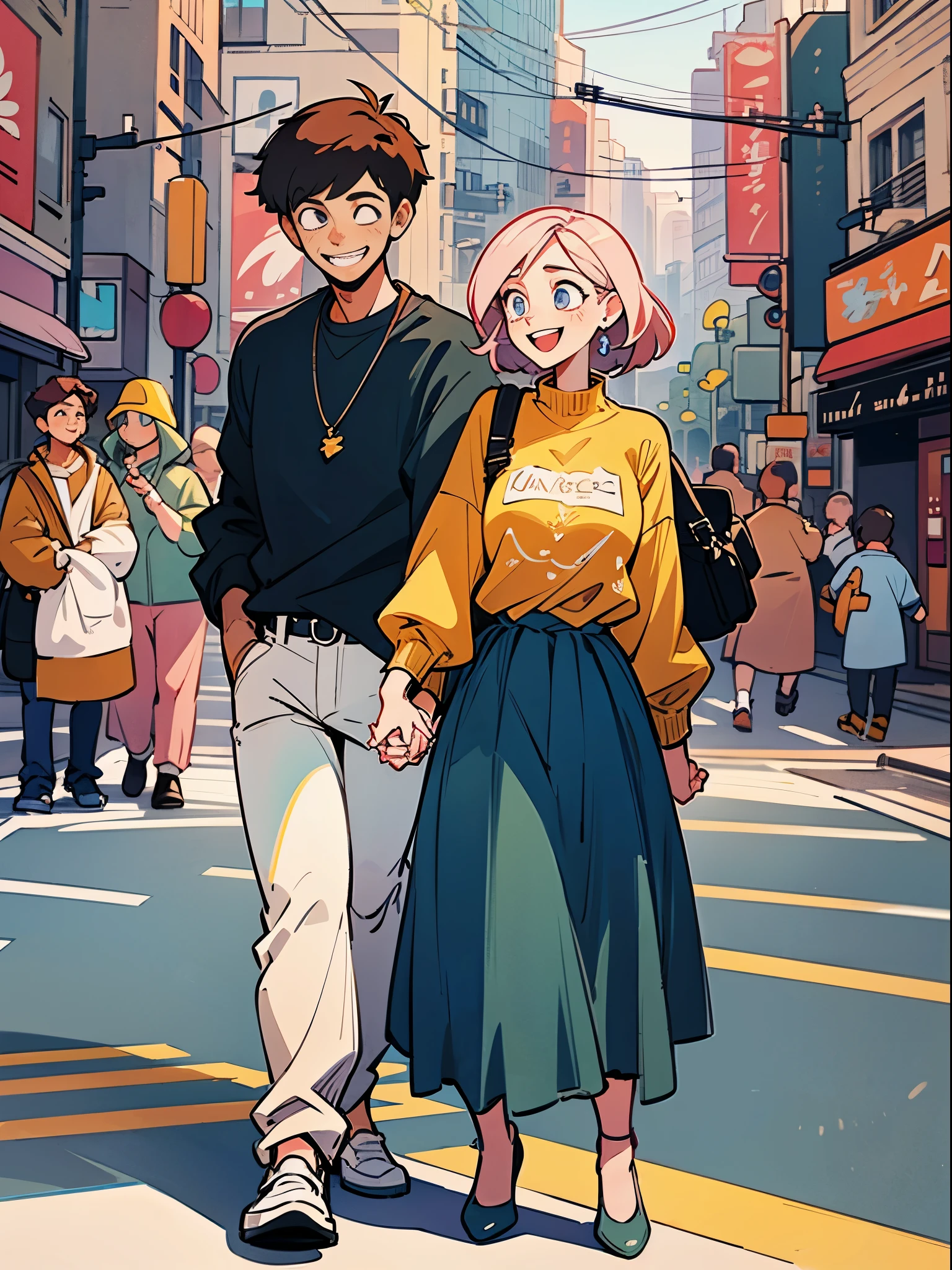 masterpiece, best quality, 2 people, couple, 1 man and 1 woman, mature, adult, height difference, Other fashions, different color, Detailed eyes and detailed face, intricate details, Casual clothing, oversized shirt, modern city streets, holding hands, laugh, happy, love