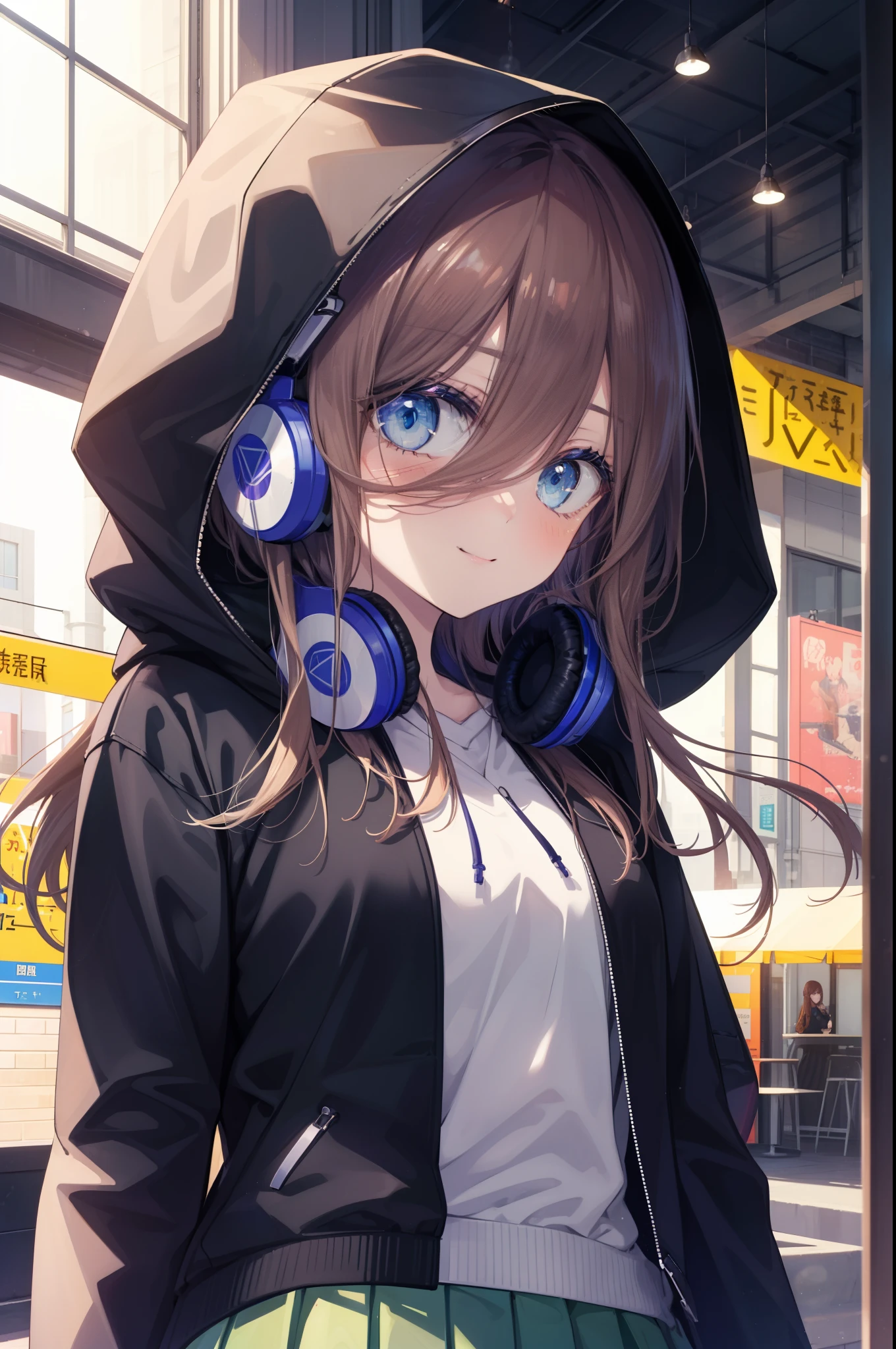 miku nakano, Nakano Miku Ticket III, long hair, bangs, blue eyes, brown hair, hair between eyes, blush,smile,headphones around neck,Blue hoodie,wearing a hood,Green pleated skirt,gray pantyhose,short boots,I put my hands in my hoodie pockets,whole body,
break outdoors, In town,building street,
break looking at viewer, (cowboy shot:1.5), (Upper body:1.5),
break (masterpiece:1.2), highest quality, High resolution, unity 8k wallpaper, (figure:0.8), (detailed and beautiful eyes:1.6), highly detailed face, perfect lighting, Very detailed CG, (perfect hands, perfect anatomy),