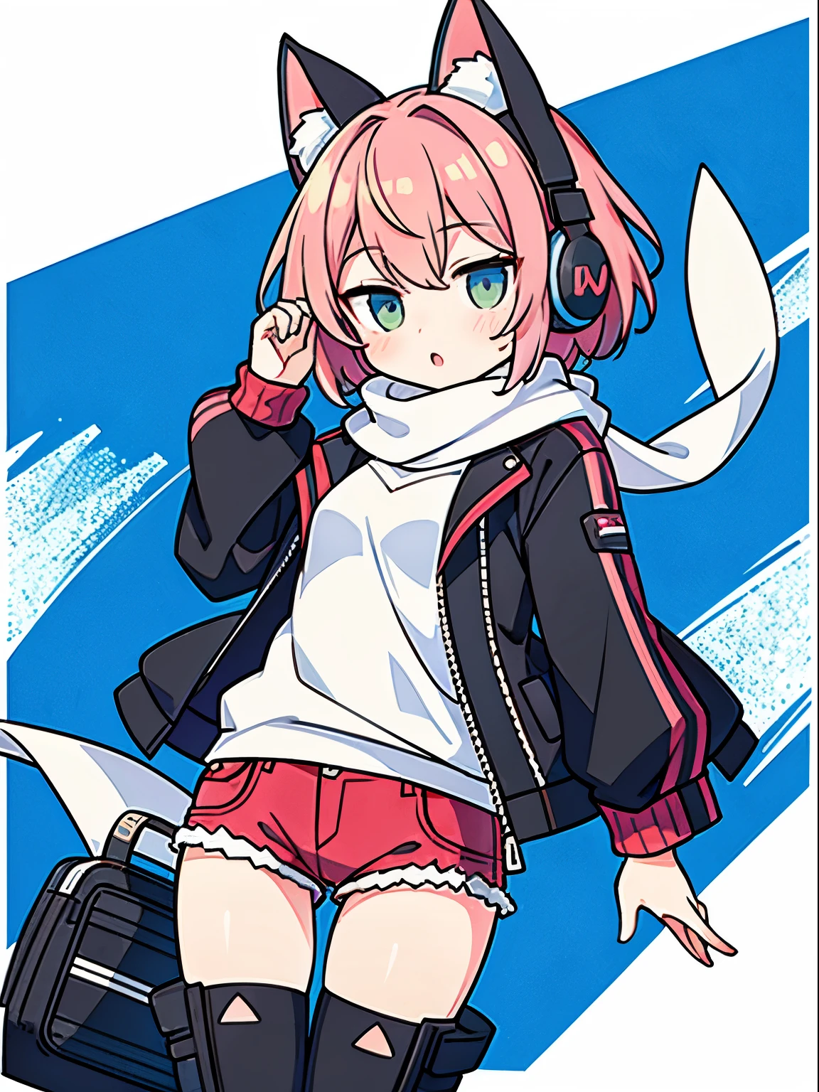 8K resolution、((highest quality))、((masterpiece))、((super detailed))、1 female、solo、headphones、small breasts、Cat ear、pink short hair、scarf、hot pants、oversized jacket