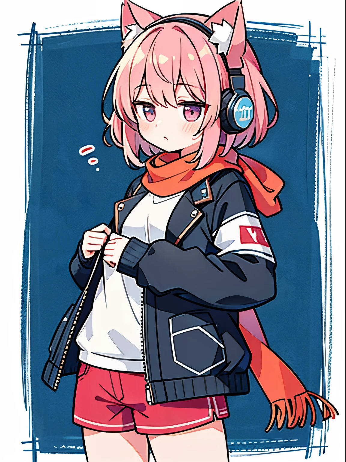 8K resolution、((highest quality))、((masterpiece))、((super detailed))、1 female、solo、headphones、small breasts、Cat ear、pink short hair、scarf、hot pants、oversized jacket
