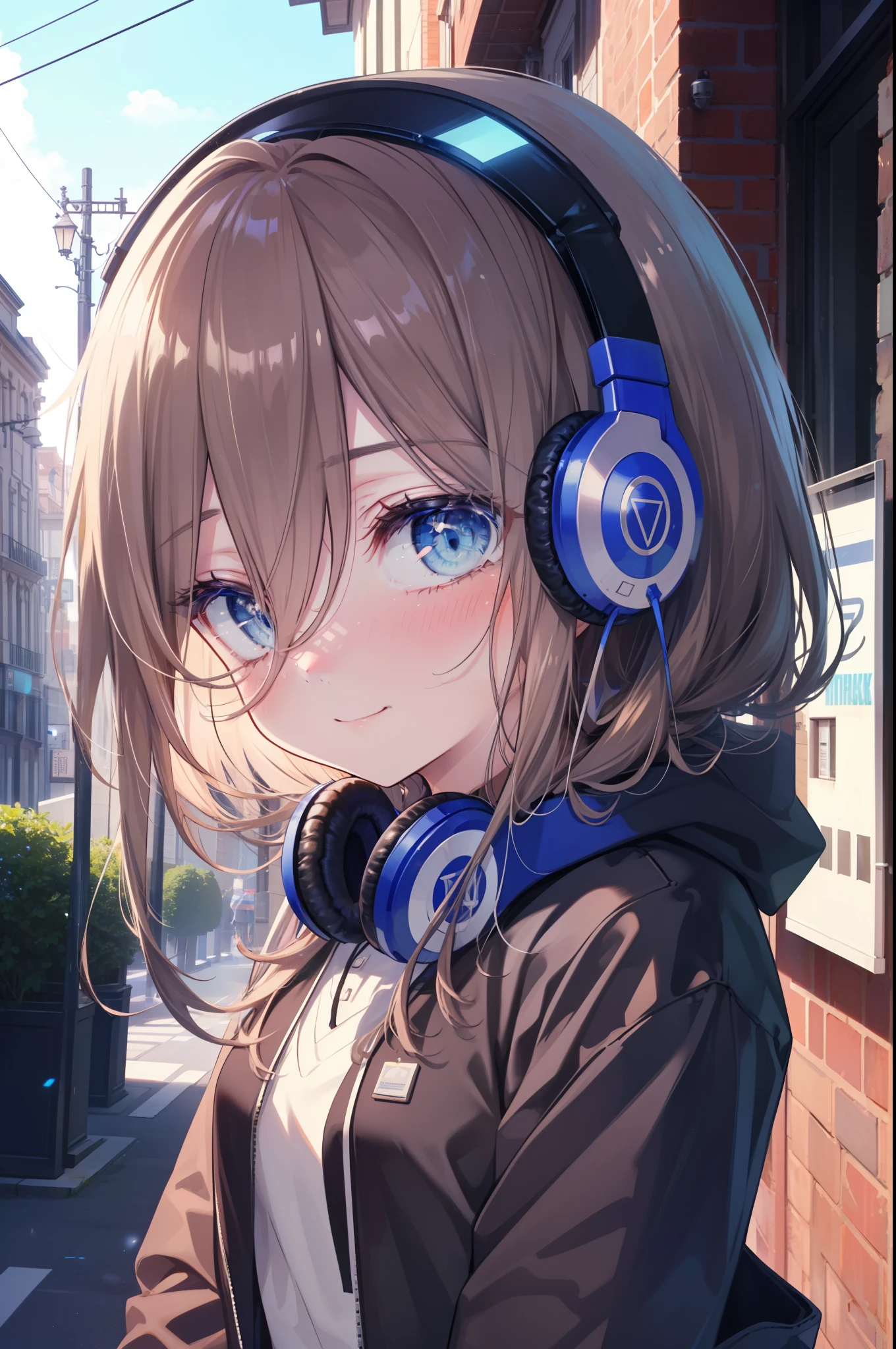 miku nakano, Nakano Miku Ticket III, long hair, bangs, blue eyes, brown hair, hair between eyes, blush,smile,headphones around neck,Blue hoodie,wearing a hood,Green pleated skirt,gray pantyhose,short boots,I put my hands in my hoodie pockets,whole body,
break outdoors, In town,building street,
break looking at viewer, (cowboy shot:1.5), (Upper body:1.5),
break (masterpiece:1.2), highest quality, High resolution, unity 8k wallpaper, (figure:0.8), (detailed and beautiful eyes:1.6), highly detailed face, perfect lighting, Very detailed CG, (perfect hands, perfect anatomy),