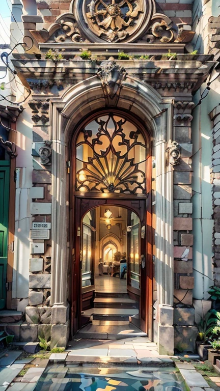 Megapoliodern exterior, view from the street, large entrance door to a studio apartment, chic made of pure wood, decorated with carvings and inlays, a masterpiece, Best quality, (Modern), (surrealism: 1.3)). (Entrance march, high steps, brickwork, white windows,). Best quality, ((masterpiece: 1.2), (realism: 1.2), (Best quality), (special attention to detail, decorative elements: 1.3)). (Sunny day, sidewalk, door to the studio, modern art nouveau style). (Open windows, full-length, cool design, in light coloraterials: brick, stone, wood, glass, biton, polished metal, (predominant: white, red and yellow, gold). (High light cornice). ( (realistic 3D visualization, super detail, ray tracing, flooded sunlight, contrasting shadows - cold tone, warm soft light)).Modern style (modern), (High-Tech), (surrealism: 1.3), Excellent, high quality. Hand-drawn realism.