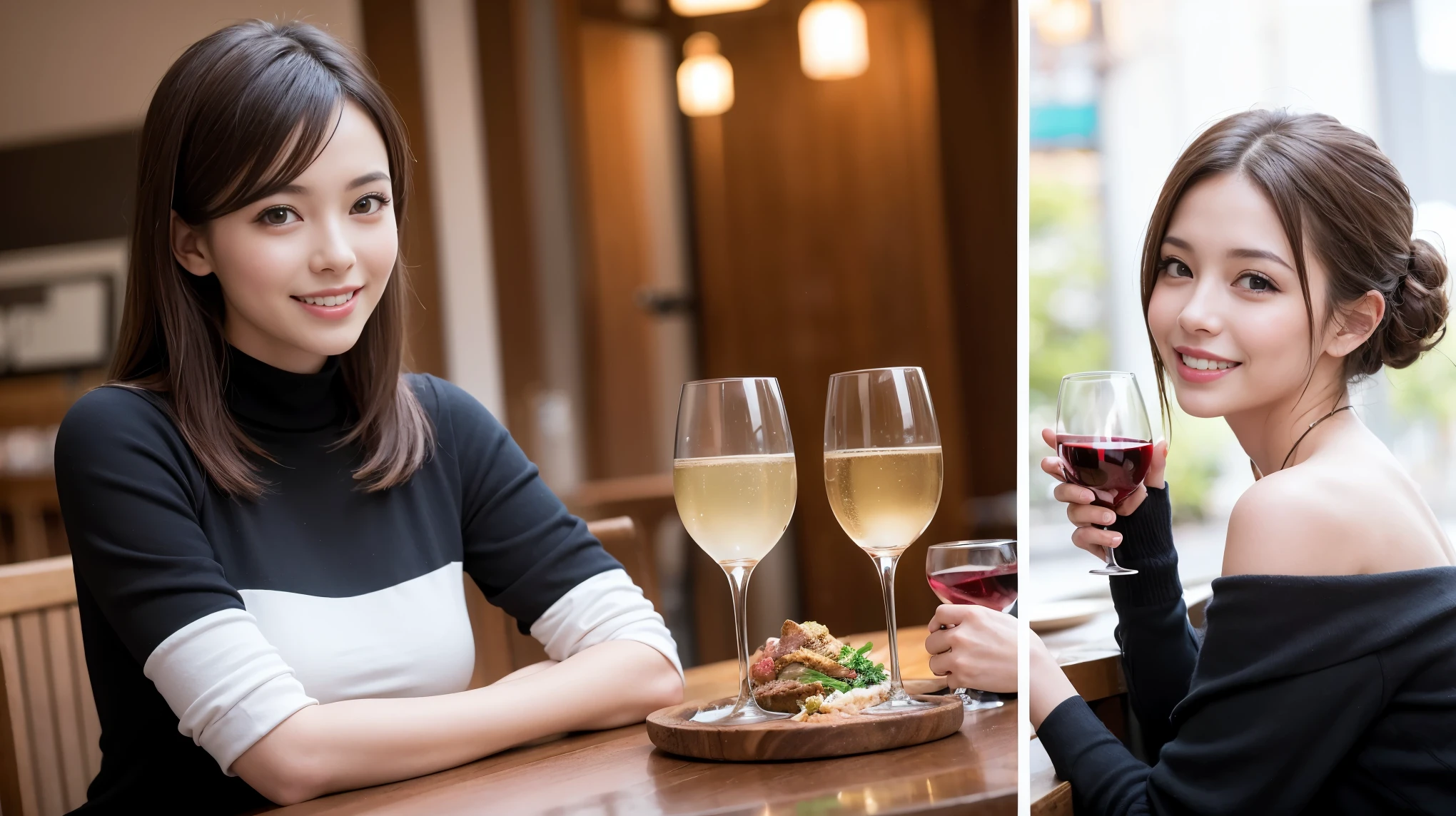 (including 64k, nffsw, highest quality, table top: 1.2), (realistic, photorealistic: 1.37), Spectacular sunset view、long sleeve shirt、winter fashion、Columbia、Brazilian、Japanese、Dutch、German、Portuguese、Belgian、Italian、French,Champagne、sparkling wine、 (slimフェイス), (slimボティ), (brown hair), (shortcut), neat beauty、cheeks turn a little red, (35 years old), 38 years old, alone, 窓の外には美しく緻密なnight景が広がります., restaurant, wine glassが座っている, nightに, in a prominent place (from the Upper body) nova frog style, actress, model, Upper body, White wine, slim, wine glass, Super Clean night View, wine glass Put in the Middle, Happy smile, (smile: 1.15), beautiful and detailed eyes, Upper body, bust japan up, night, short, short, actress, model, Upper body, White wine, slim, wine glass, Super Clean night View, wine glass Put in the Middle, Happy smile,