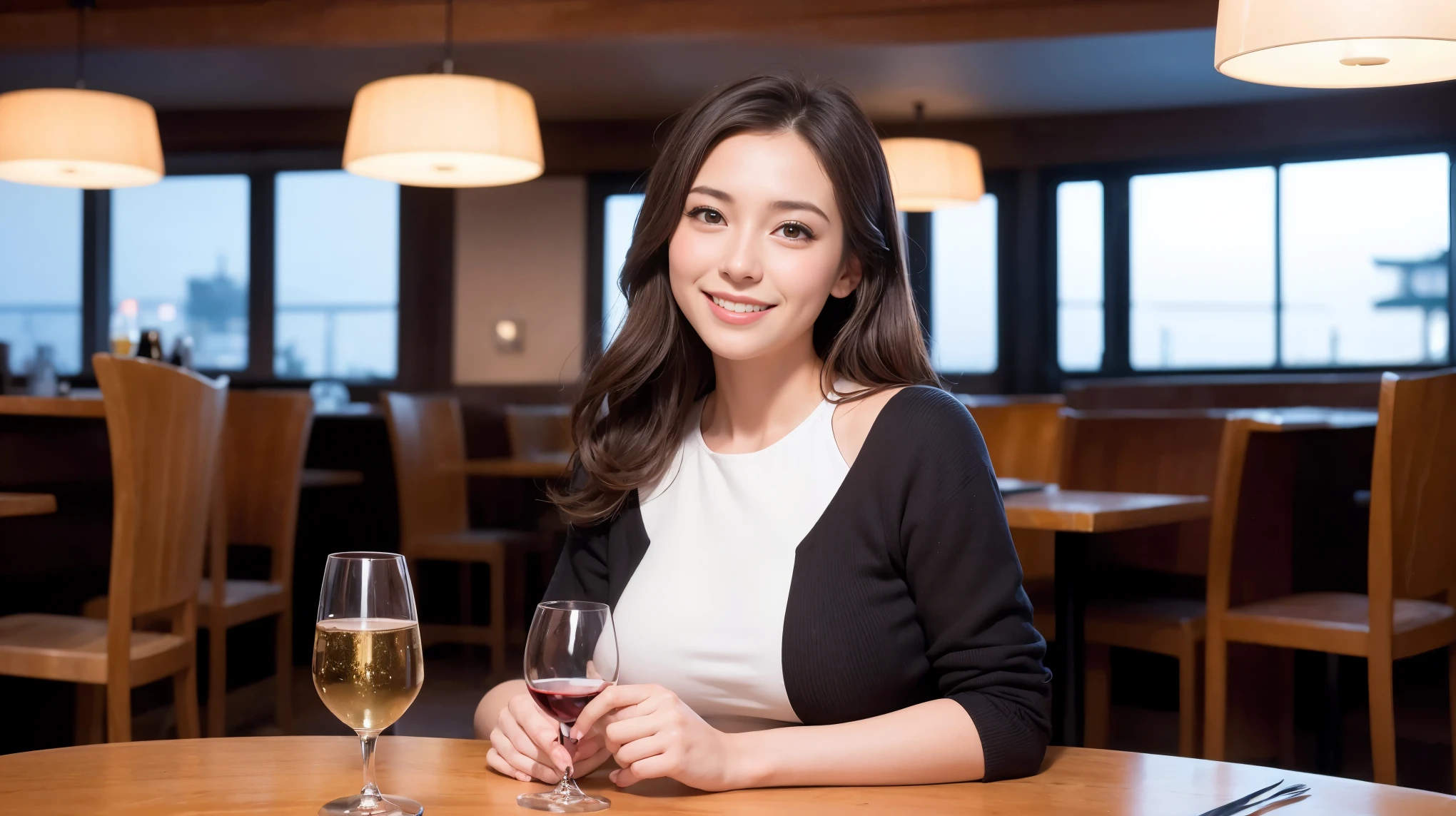 (including 64k, nffsw, highest quality, table top: 1.2), (realistic, photorealistic: 1.37), Spectacular sunset view、long sleeve shirt、winter fashion、Columbia、Brazilian、Japanese、Dutch、German、Portuguese、Belgian、Italian、French,Champagne、sparkling wine、 (slimフェイス), (slimボティ), (brown hair), (shortcut), neat beauty、cheeks turn a little red, (35 years old), 38 years old, alone, 窓の外には美しく緻密なnight景が広がります., restaurant, wine glassが座っている, nightに, in a prominent place (from the Upper body) nova frog style, actress, model, Upper body, White wine, slim, wine glass, Super Clean night View, wine glass Put in the Middle, Happy smile, (smile: 1.15), beautiful and detailed eyes, Upper body, bust japan up, night, short, short, actress, model, Upper body, White wine, slim, wine glass, Super Clean night View, wine glass Put in the Middle, Happy smile,