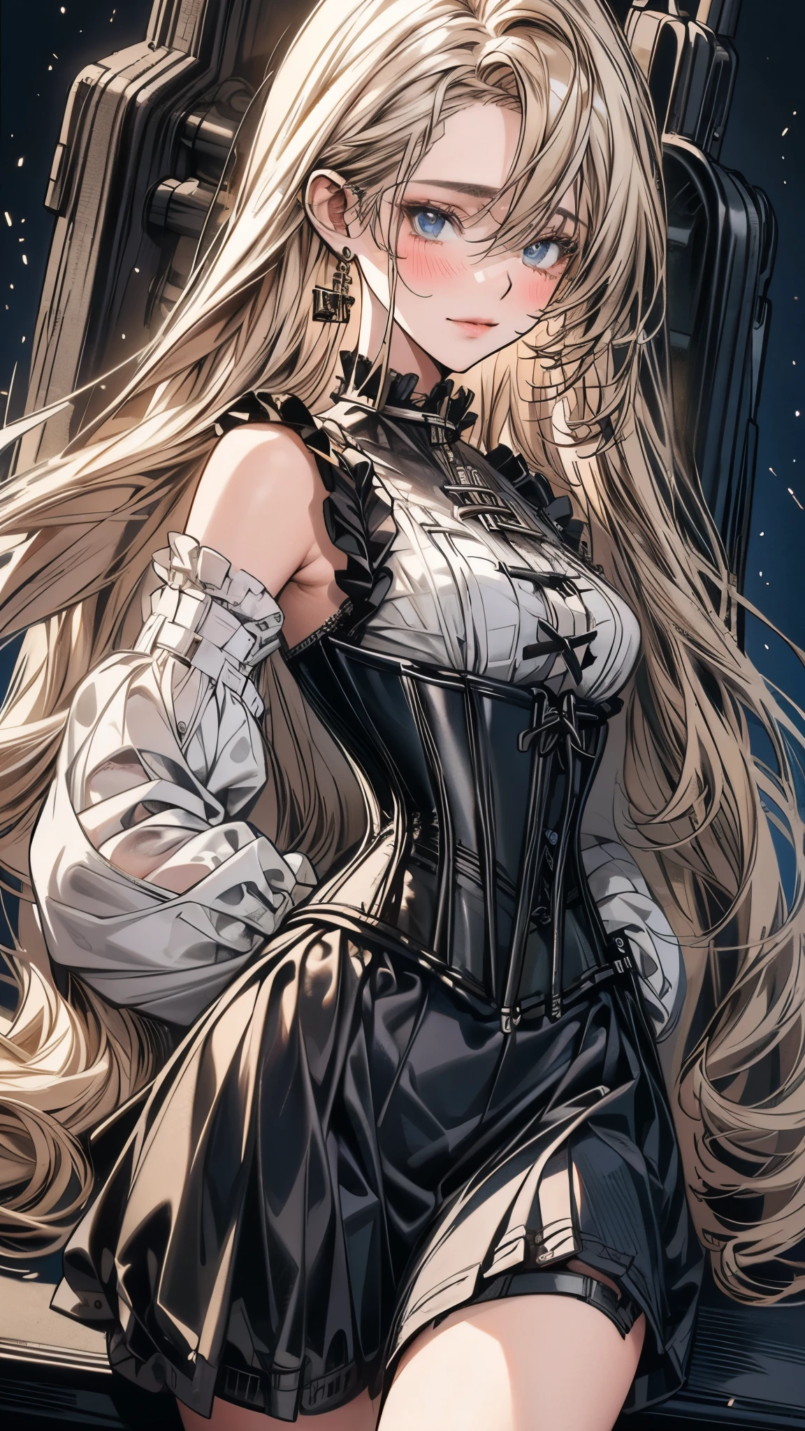 (((masterpiece)))、((highest quality))、(super detailed)、(CG illustration)、(so beautiful ))、cinematic light、(((1 Mechanical Girl)))、 SF、Apocalypse、erotic grotesque、(beautiful and luxurious:1.2)、(1 girl:1.3)、facing the front, (double breasted,under bust:1.2), button gap,(((corset belt))),(((high waist mini skirt,)))Are crying