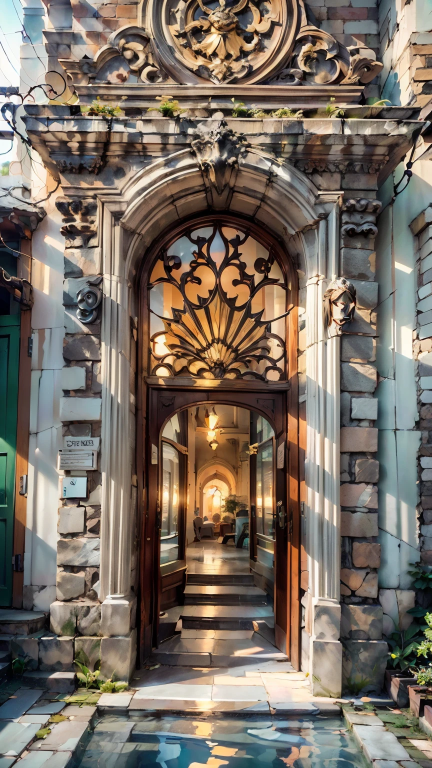 Megapoliodern exterior, view from the street, large entrance door to a studio apartment, chic made of pure wood, decorated with carvings and inlays, a masterpiece, Best quality, (Modern), (surrealism: 1.3)). (Entrance march, high steps, brickwork, white windows,). Best quality, ((masterpiece: 1.2), (realism: 1.2), (Best quality), (special attention to detail, decorative elements: 1.3)). (Sunny day, sidewalk, door to the studio, modern art nouveau style). (Open windows, full-length, cool design, in light coloraterials: brick, stone, wood, glass, biton, polished metal, (predominant: white, red and yellow, gold). (High light cornice). ( (realistic 3D visualization, super detail, ray tracing, flooded sunlight, contrasting shadows - cold tone, warm soft light)).Modern style (modern), (High-Tech), (surrealism: 1.3), Excellent, high quality. Hand-drawn realism.