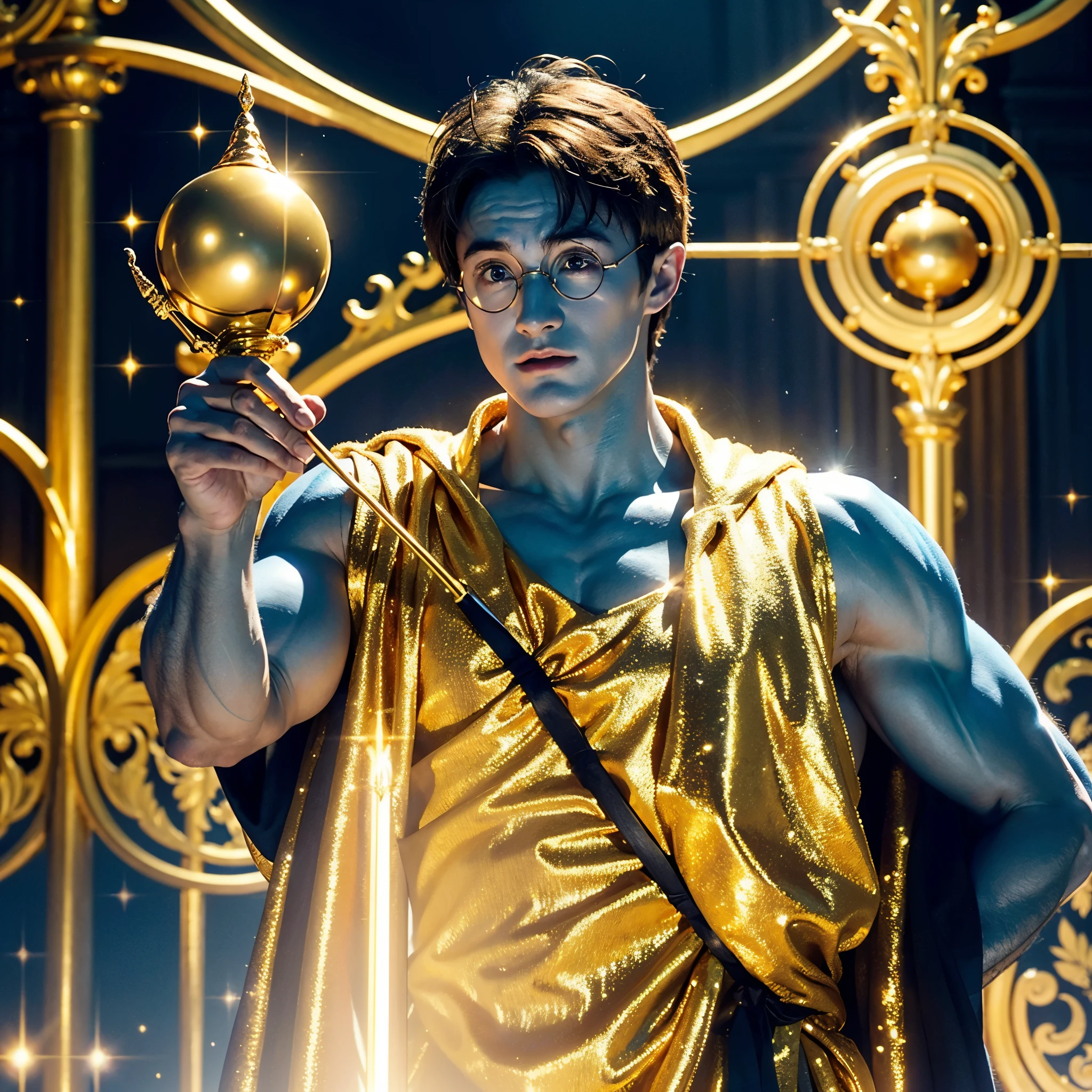 blue skin Harry Potter, muscular body, bare upper body, golden ornaments, flashy costume, Hogwarts in the background, golden king, golden emperor Harry Potter, painted in the center, crowd in the background, golden effect, golden magic, high quality,Harry Potter with golden skin, muscular body, bare upper bodyHarry Potter with golden skin, nothing on, naked, nothing on upper body, golden ornaments, flashy costume, Hogwarts in background, golden king, golden emperor Harry Potter, painted in the center, crowd in background, golden effect, golden magic, high quality, high definition、Harry Potter, the king who unifies the universe, robot in the background,