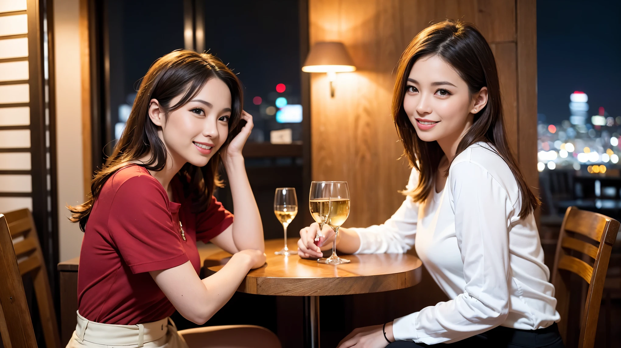 (including 64k, nffsw, highest quality, table top: 1.2), (realistic, photorealistic: 1.37), Spectacular sunset view、long sleeve shirt、winter fashion、Columbia、Brazilian、Japanese、Dutch、German、Portuguese、Belgian、Italian、French,Champagne、sparkling wine、 (slimフェイス), (slimボティ), (brown hair), (shortcut), neat beauty、cheeks turn a little red, (35 years old), 38 years old, alone, 窓の外には美しく緻密なnight景が広がります., restaurant, wine glassが座っている, nightに, in a prominent place (from the Upper body) nova frog style, actress, model, Upper body, White wine, slim, wine glass, Super Clean night View, wine glass Put in the Middle, Happy smile, (smile: 1.15), beautiful and detailed eyes, Upper body, bust japan up, night, short, short, actress, model, Upper body, White wine, slim, wine glass, Super Clean night View, wine glass Put in the Middle, Happy smile,