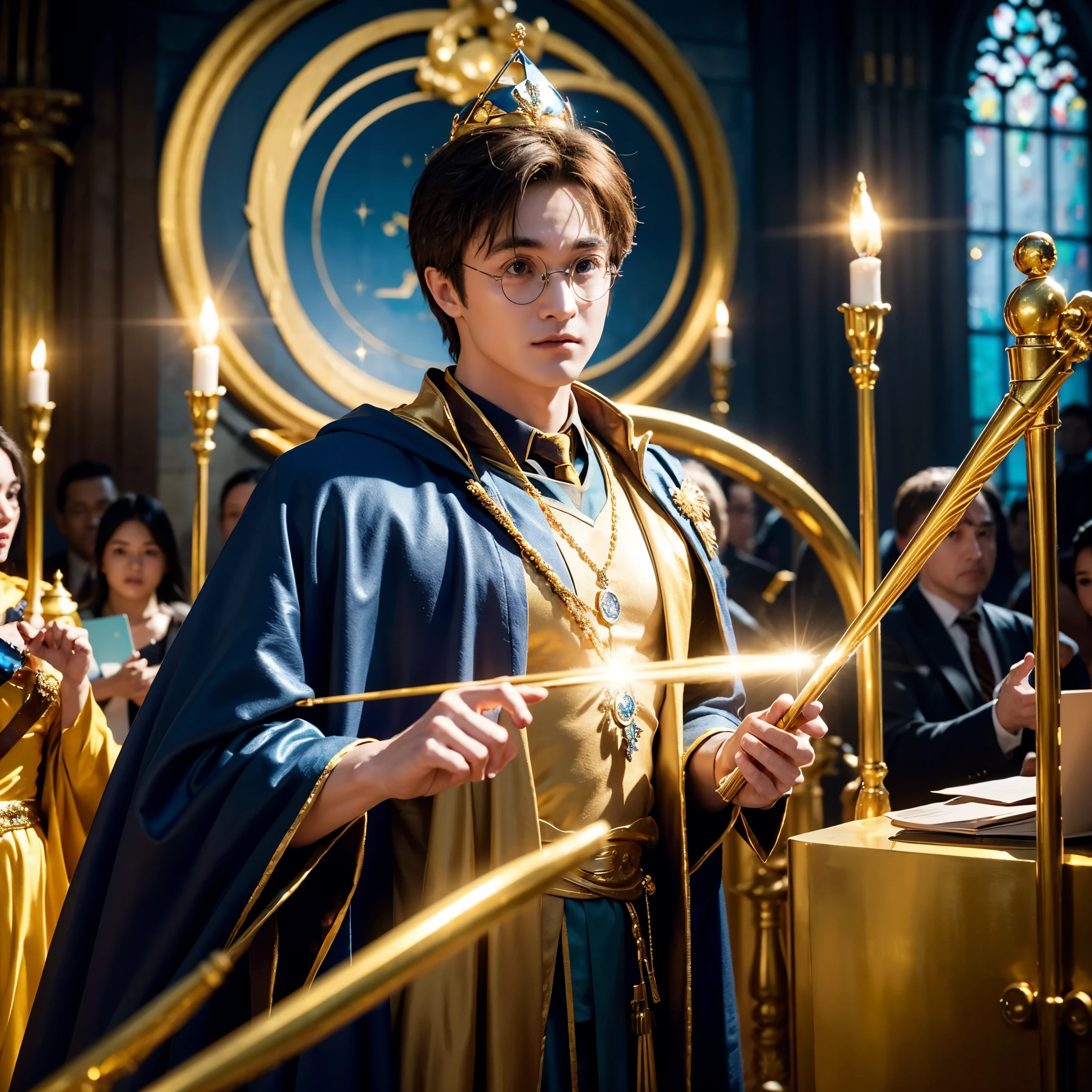 blue skin Harry Potter, muscular body, bare upper body, golden ornaments, flashy costume, Hogwarts in the background, golden king, golden emperor Harry Potter, painted in the center, crowd in the background, golden effect, golden magic, high quality,Harry Potter with golden skin, muscular body, bare upper bodyHarry Potter with golden skin, nothing on, naked, nothing on upper body, golden ornaments, flashy costume, Hogwarts in background, golden king, golden emperor Harry Potter, painted in the center, crowd in background, golden effect, golden magic, high quality, high definition、Harry Potter, the king who unifies the universe, robot in the background,