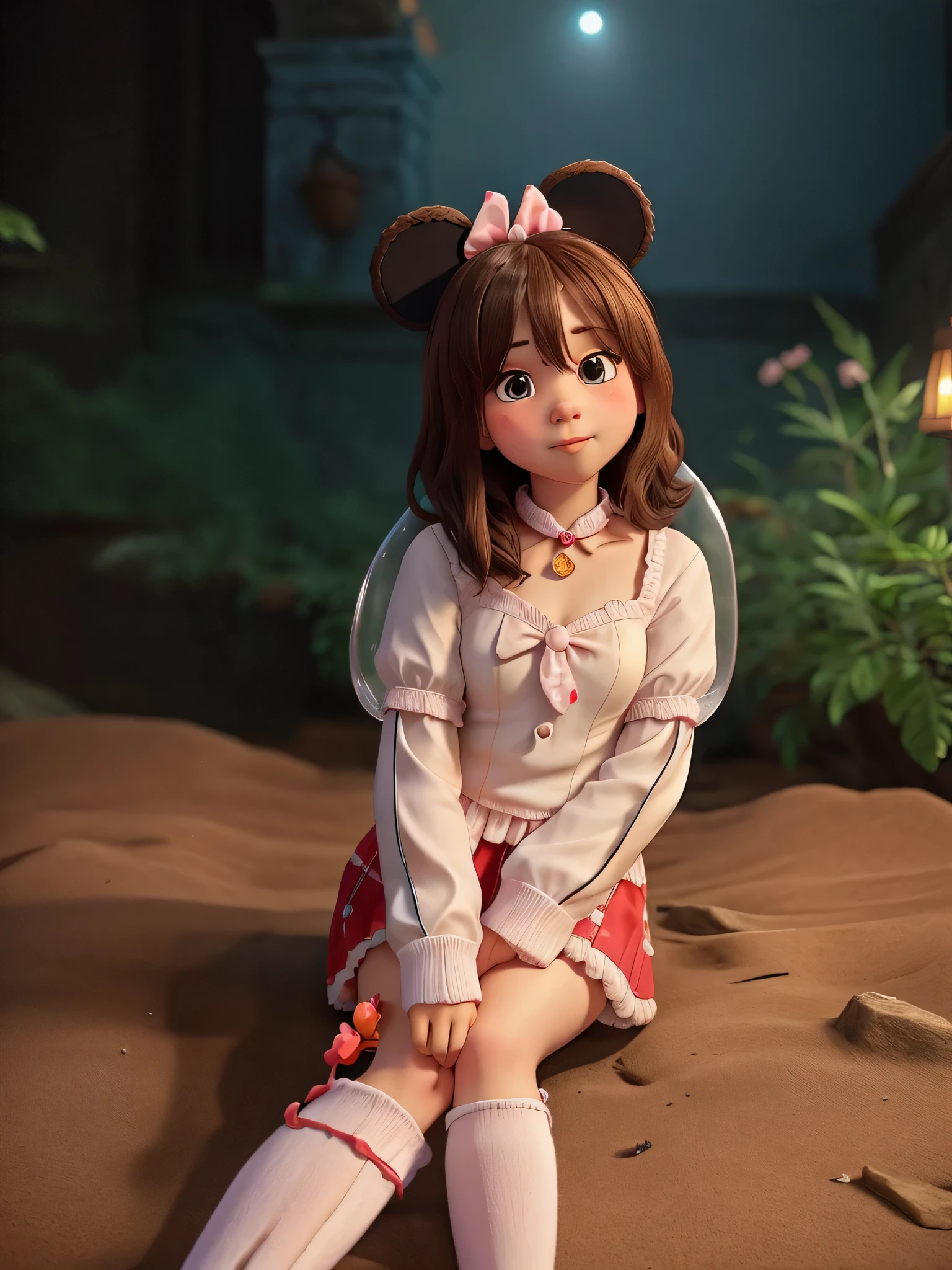 there is a young girl sitting on a minnie mouse costume, girl,
