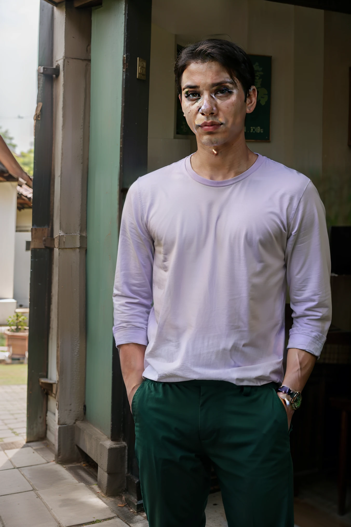 Realistic , Young Thai man, green pants, purple shirt, house backdrop