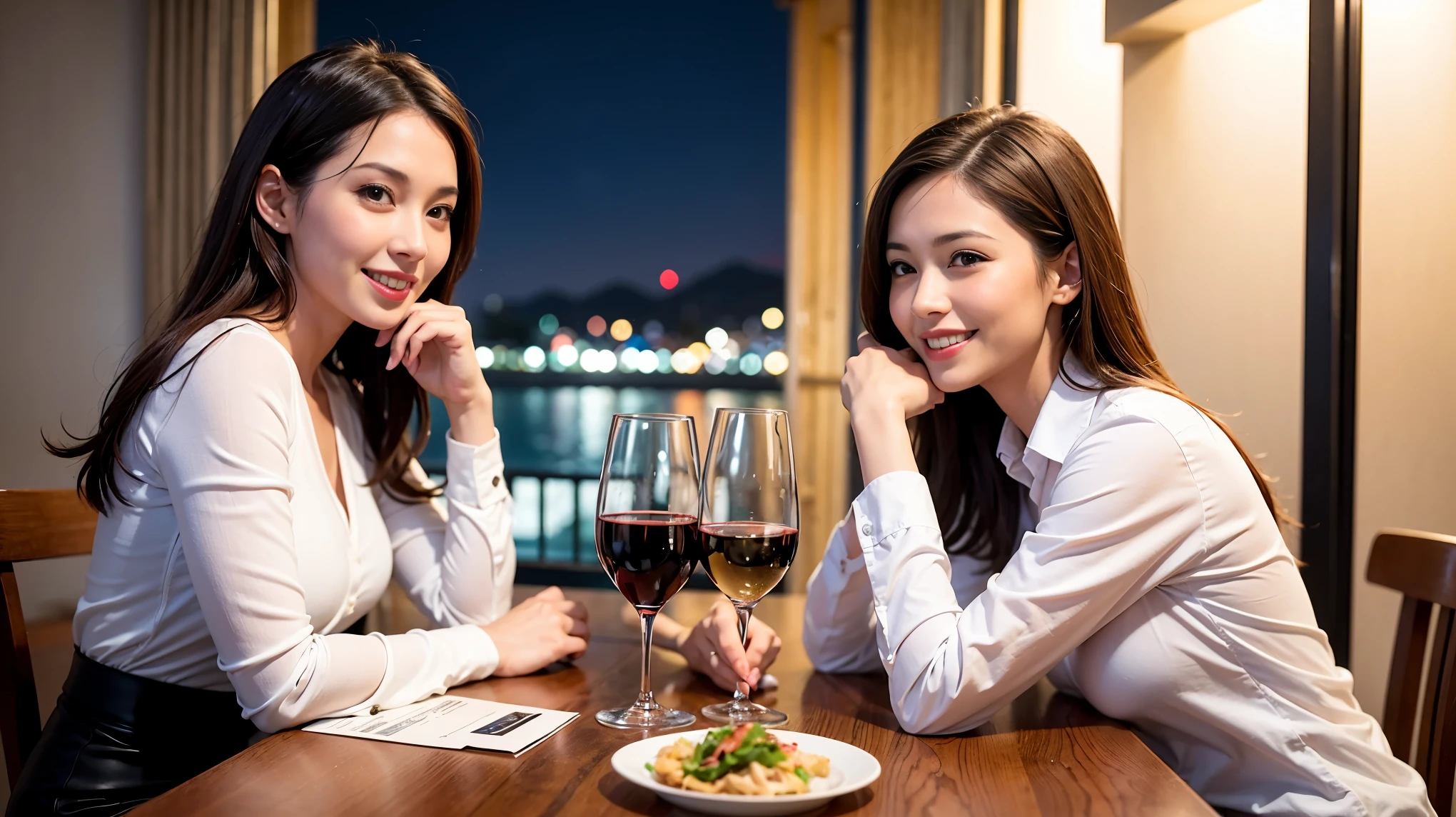 (including 64k, nffsw, highest quality, table top: 1.2), (realistic, photorealistic: 1.37),Spectacular sunset view、 long sleeve shirt、winter fashion、Columbia、Brazilian、Japanese、Dutch、German、Portuguese、Belgian、Italian、French,Champagne、sparkling wine、 (slimフェイス), (slimボティ), (brown hair), (shortcut), neat beauty、cheeks turn a little red, (35 years old), 38 years old, alone, 窓の外には美しく緻密なnight景が広がります., restaurant, wine glassが座っている, nightに, in a prominent place (from the Upper body) nova frog style, actress, model, Upper body, White wine, slim, wine glass, Super Clean night View, wine glass Put in the Middle, Happy smile, (smile: 1.15), beautiful and detailed eyes, Upper body, bust japan up, night, short, short, actress, model, Upper body, White wine, slim, wine glass, Super Clean night View, wine glass Put in the Middle, Happy smile,