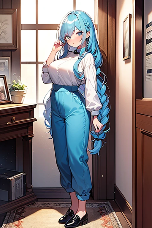 ((highest quality)), ((masterpiece)), (be familiar with), perfect face, one girl、15 years old、big breasts、small face、long hair、silky hair、foreign style braids、pastel blue hair、Full body figure、Work clothes、Jumpsuit、shoes、